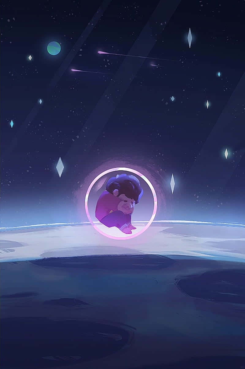 桌布 壁紙 — 一個小孩在發光環中漂浮在一顆行星上方，背景是滿天星斗的宇宙天空，還有漂浮的鑽石。