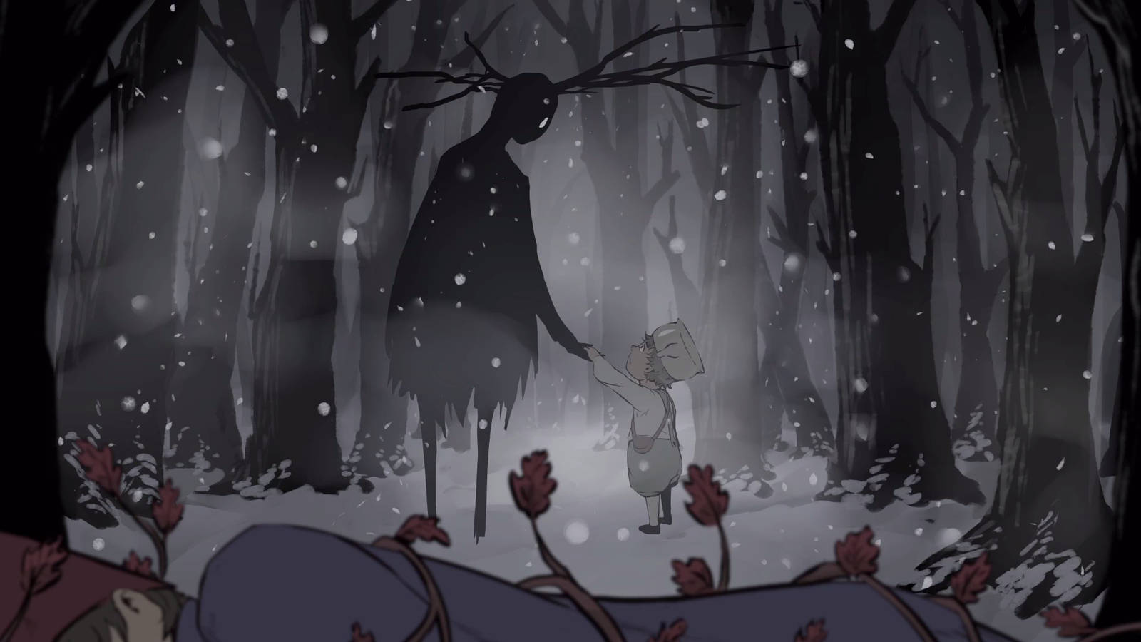 over the garden wall 桌布 壁紙 — 一個小孩在飄雪的森林中伸手觸碰一個高聳的影子人物。