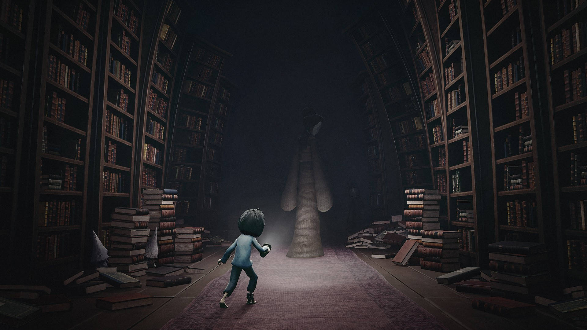 Nightmares 桌布 壁紙 — 一個小孩在黑暗的圖書館走廊奔跑，朝向一個由書本組成的巨大鬼影。