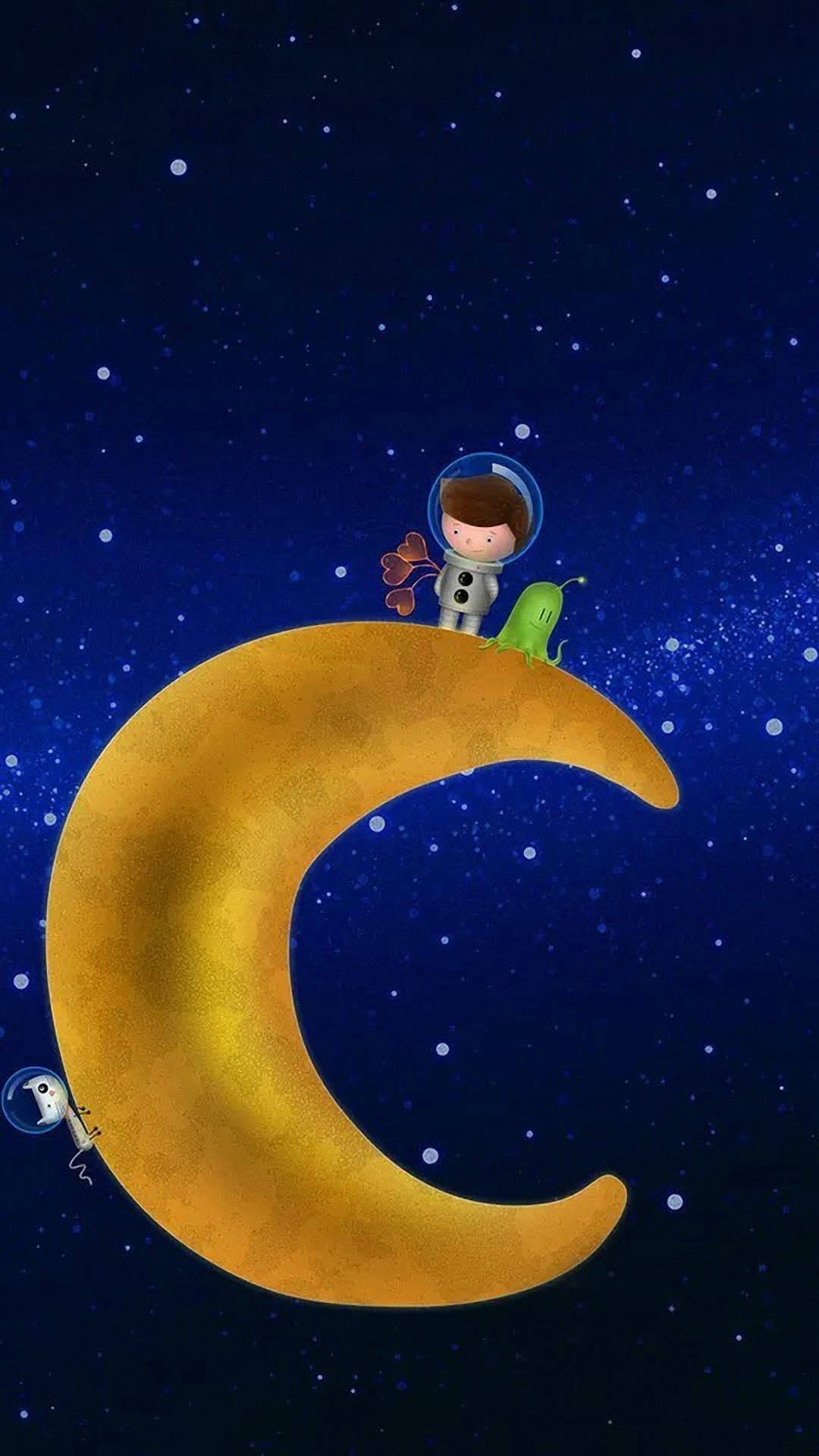 月亮與星星 桌布 壁紙 — 一個小孩太空人和綠色外星人在繁星點點的夜空下探索發光的彎月。
