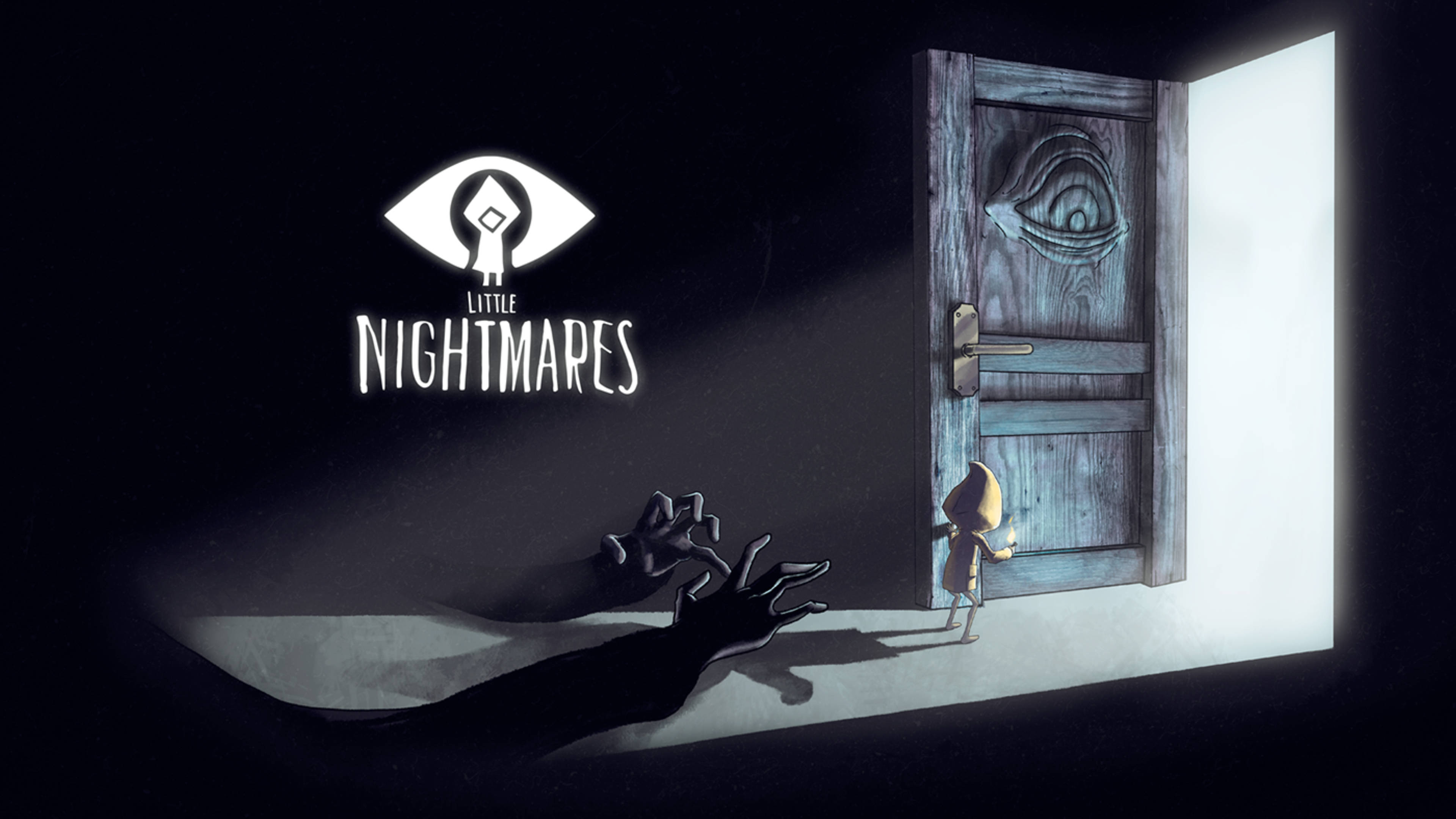Nightmares 桌布 壁紙 — 一個小孩拿著燈籠站在一扇刻有眼睛的木門前，一隻巨大的陰影手從黑暗中伸出。