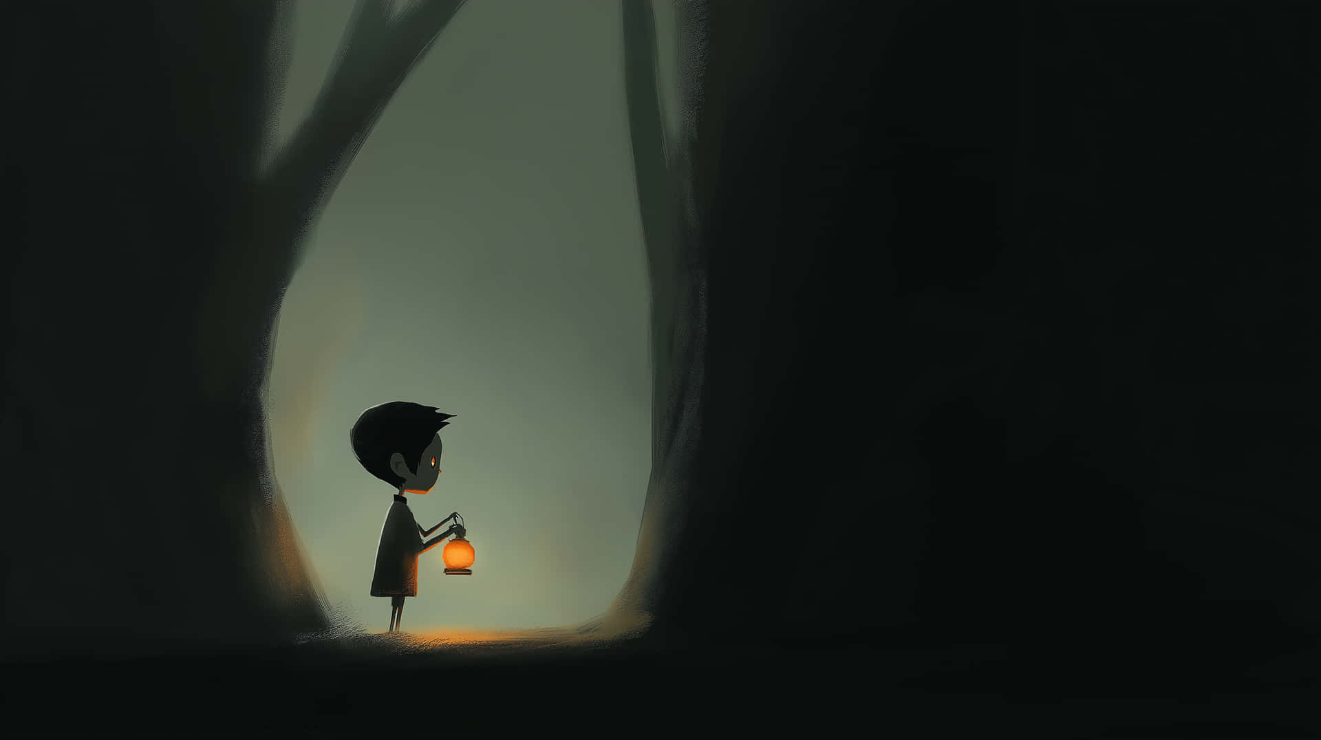Minimalist Silhouette of Child with Lantern in Dark Forest 壁紙 — 一個小孩拿著發光的燈籠站在黑暗洞穴的入口，被柔和的環境光照亮。