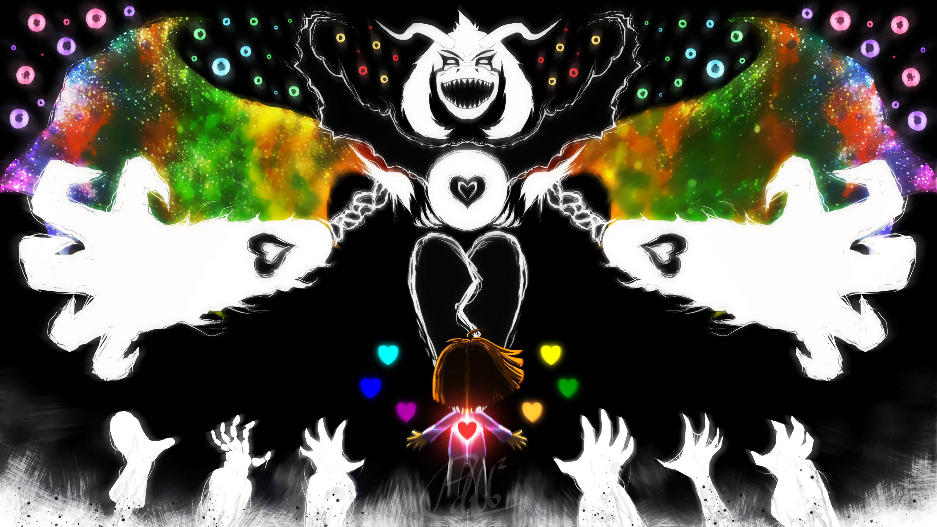 Undertale 桌布 壁紙 — 一個小孩用發光的心形手，面對一個在宇宙背景下擁有彩虹翅膀的白色怪物。