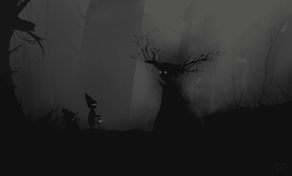over the garden wall 桌布 壁紙 — 一個小孩發光的眼睛走過夜晚有霧的森林，提著燈籠在一棵有發光眼睛的高大樹木附近。