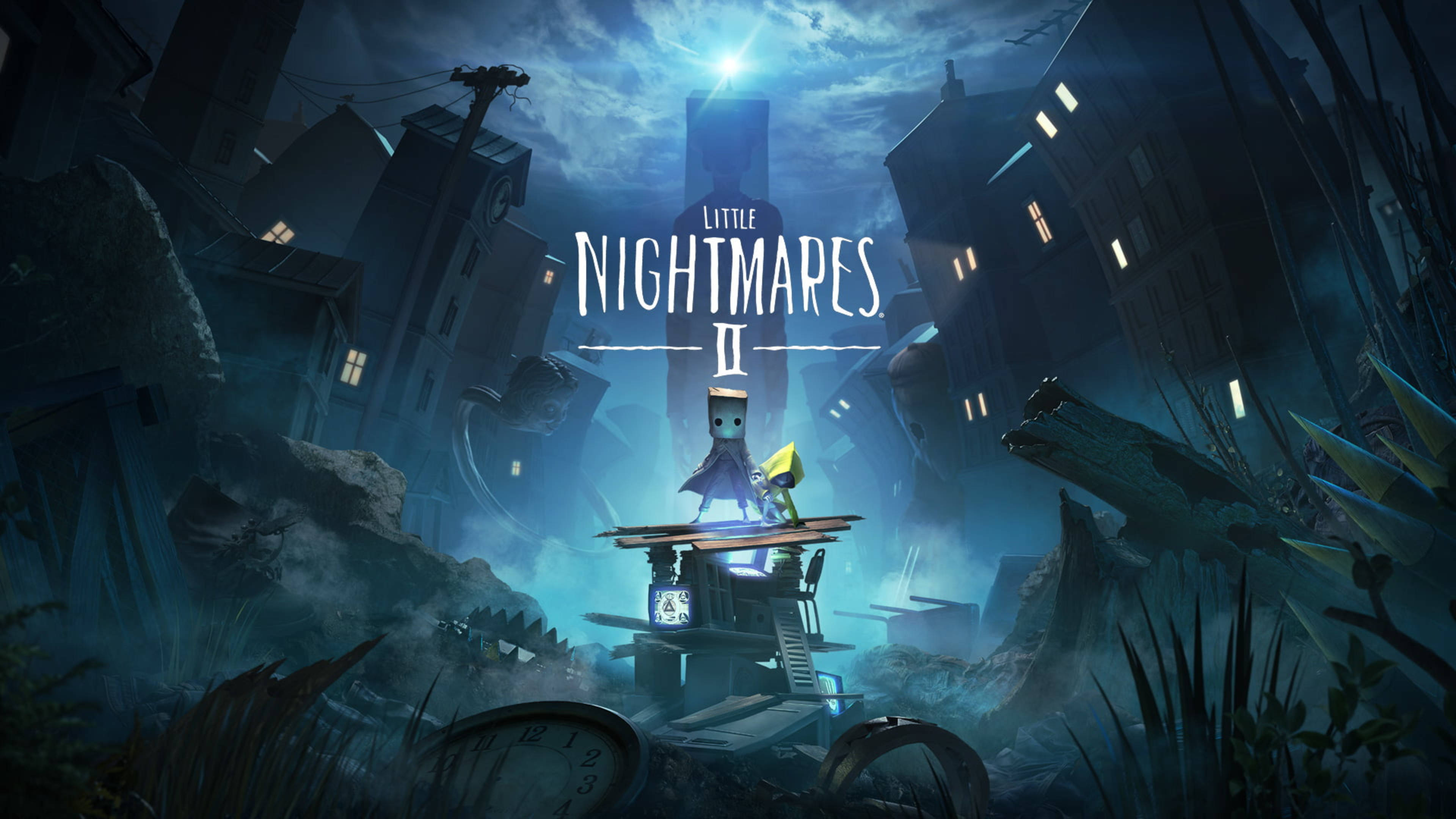 Nightmares 桌布 壁紙 — 一個小孩站在一個破碎的時鐘上，在扭曲、怪異的城市景觀中，在發光的月亮下，來自小小夢魘2。