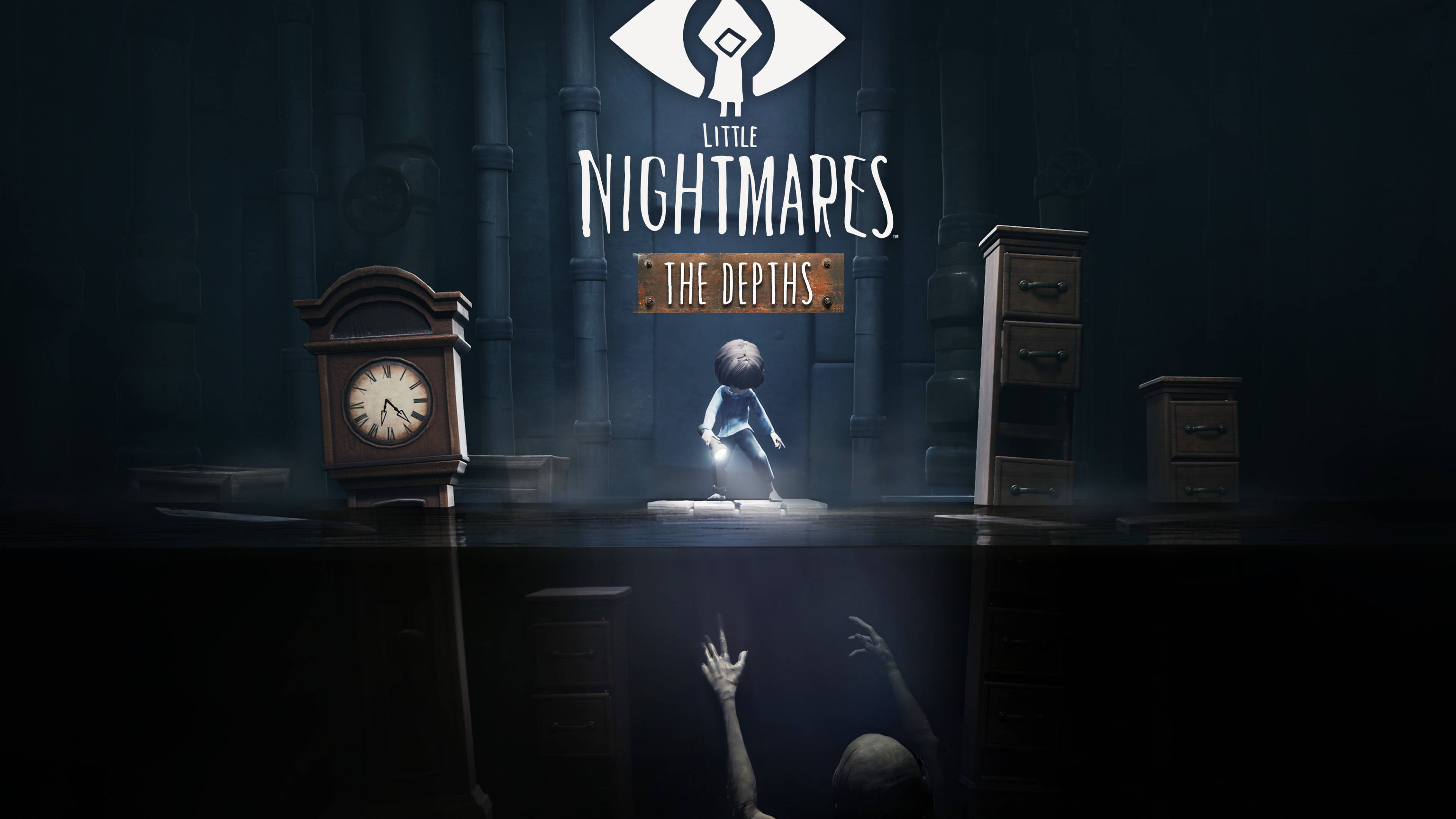 Nightmares 桌布 壁紙 — 一個小孩站在昏暗陰森的房間裡，有一個老爺鐘和漂浮的家具，鬼手從下面伸上來。