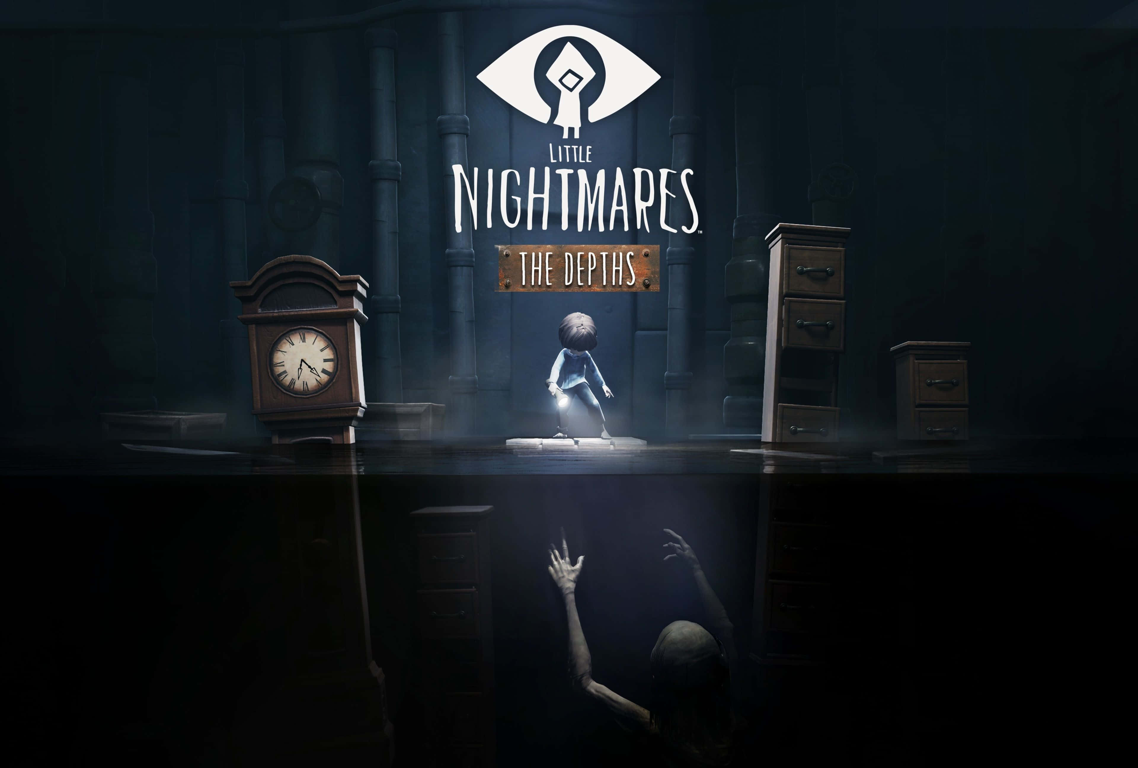 Little Nightmares 4K 桌布 壁紙 — 一個小孩站在黑暗房間的平台上，房間裡有時鐘和梳妝檯，一個陰影人物從下方伸手上來。