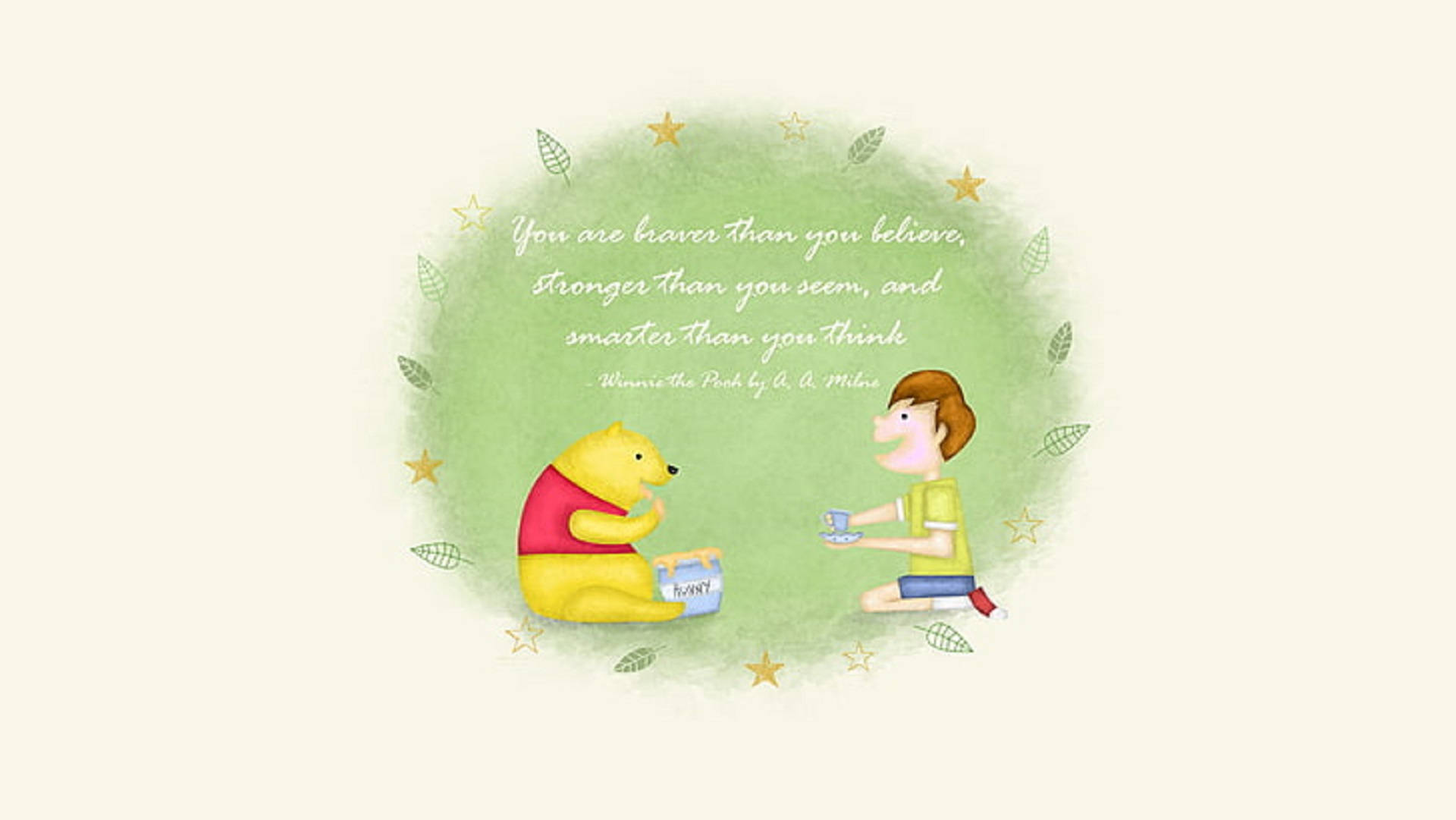 Winnie The Pooh Quotes 桌布 壁紙 — 一個小孩與小熊維尼在綠色葉子圓圈下分享茶，並附有柔和水彩風格的勵志語句。