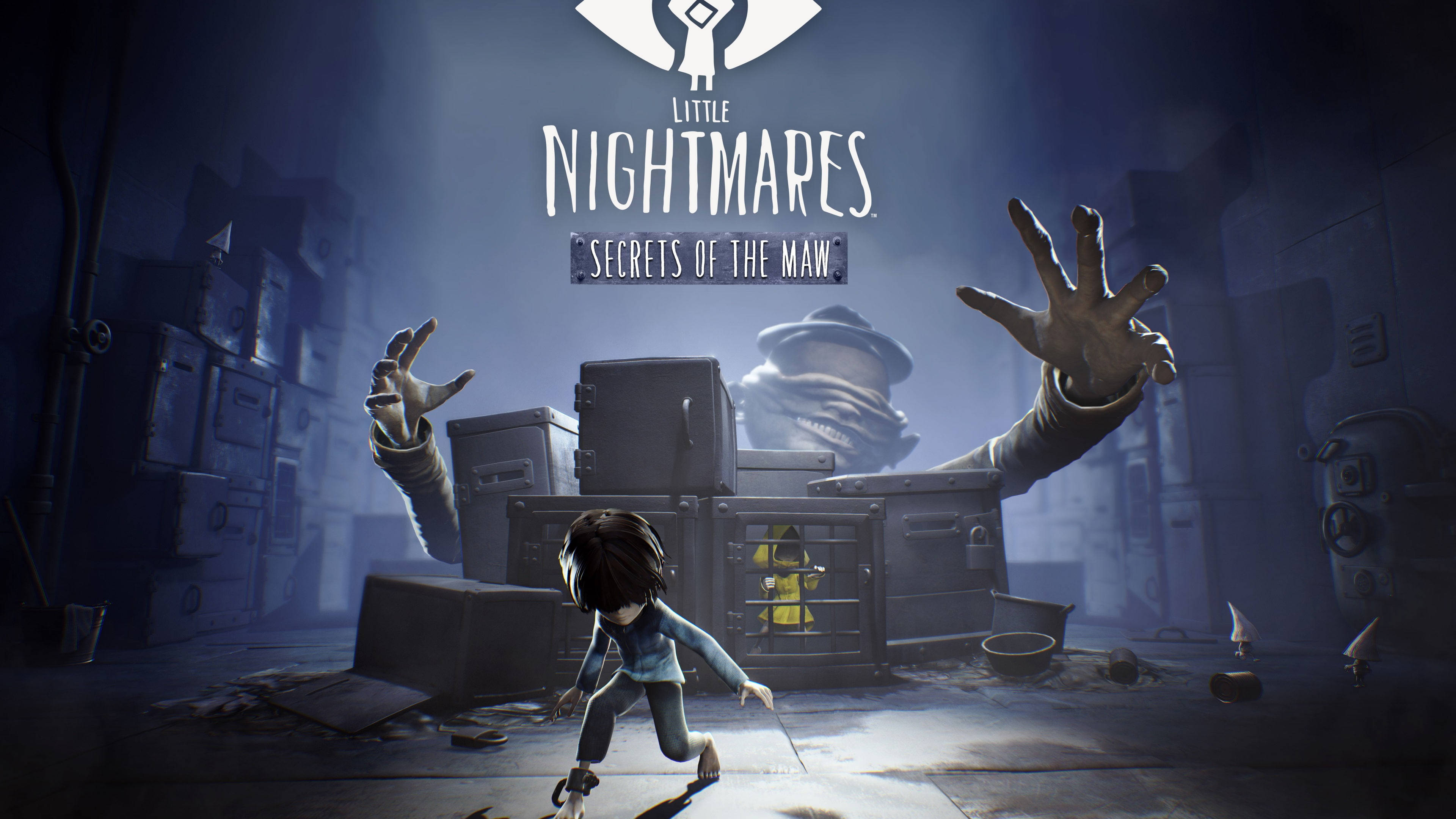 Nightmares 桌布 壁紙 — 一個小孩跑過昏暗的工業倉庫，而巨大的抓握的手和一個迫近的蒙面人物從堆疊的木箱中出現。