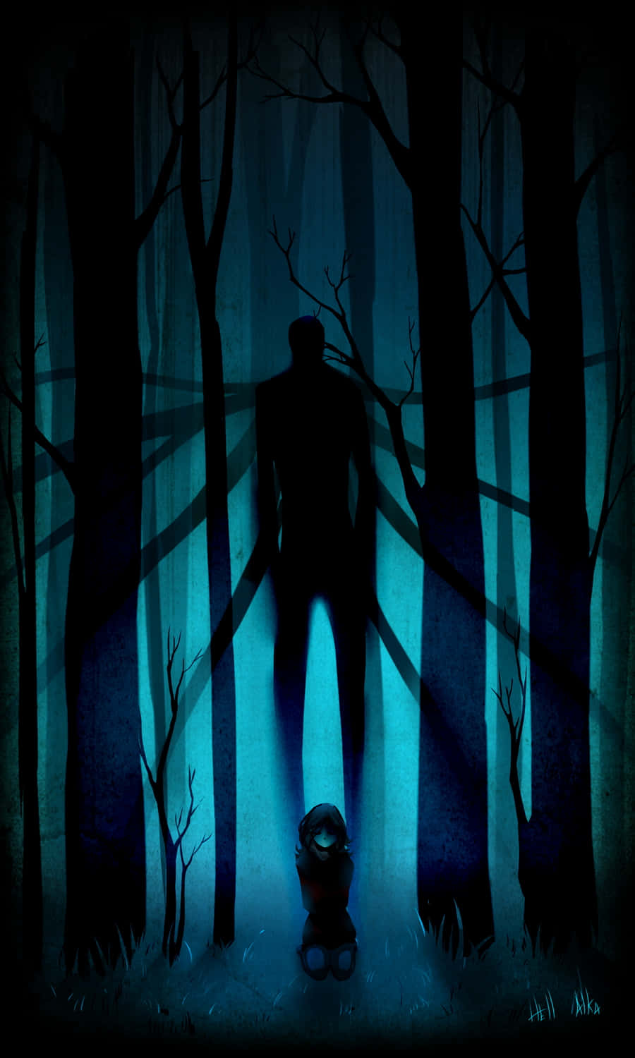 Creepypasta 桌布 壁紙 — 一個小孩跪在深藍色的森林中，一個高大的陰影人物聳立在光禿禿的樹木後面。