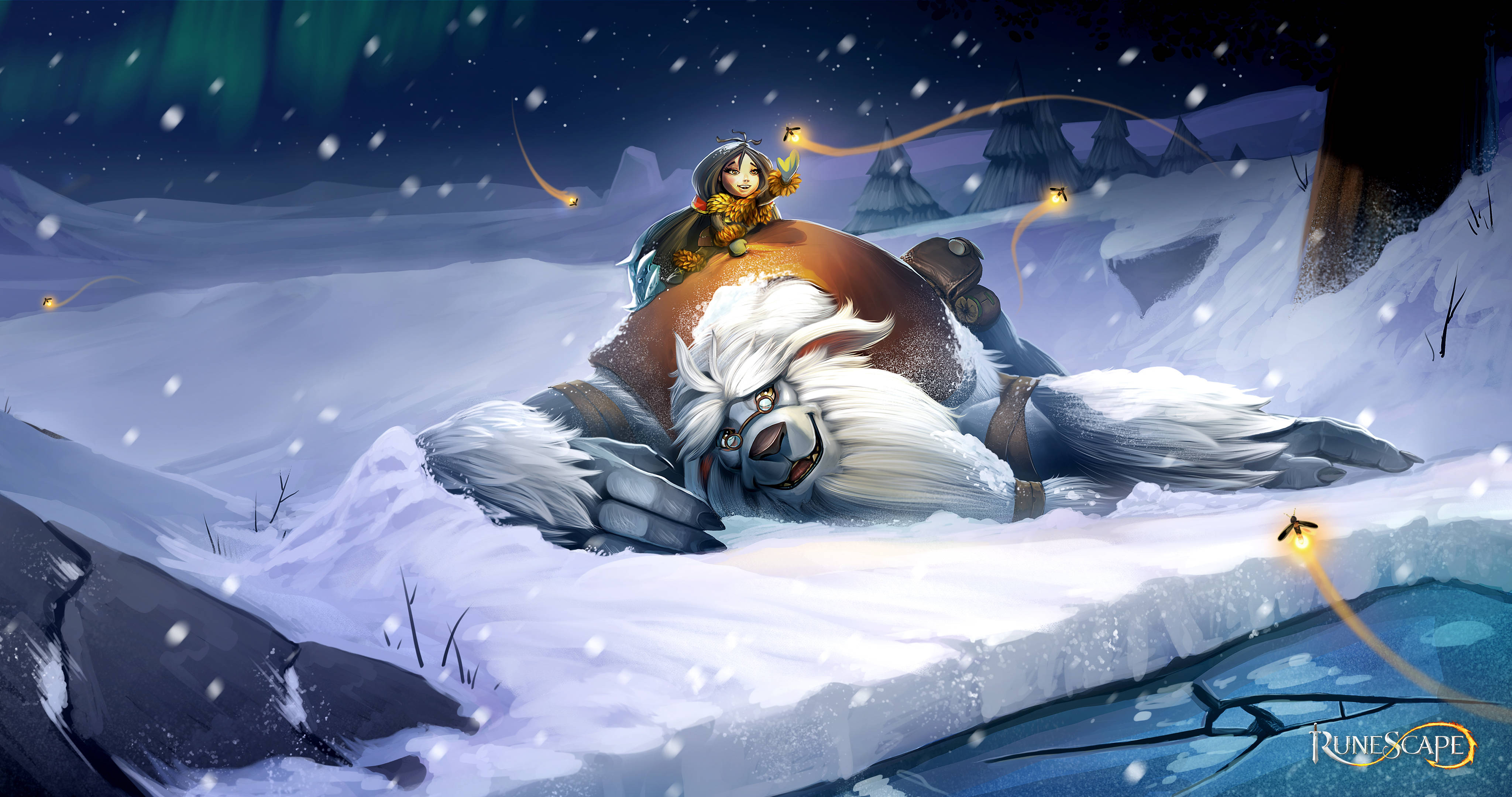 Runescape 桌布 壁紙 — 一個小孩騎在巨大的沉睡雪獸上，在雪地極光下，伴隨著發光的螢火蟲。