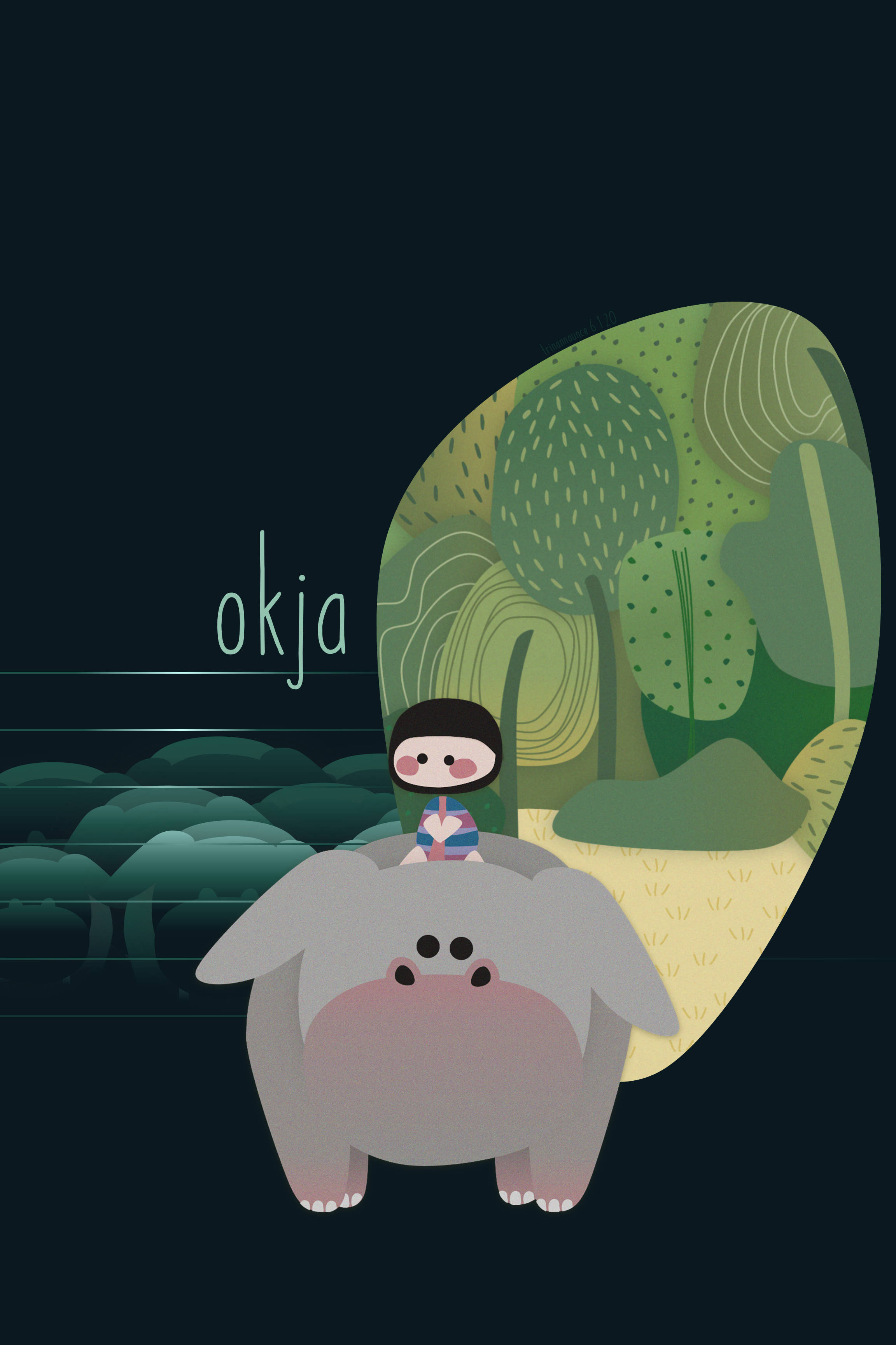 okja 桌布 壁紙 — 一個小孩騎著溫和的巨型生物穿過風格化的森林，夜晚有柔和發光的燈光。
