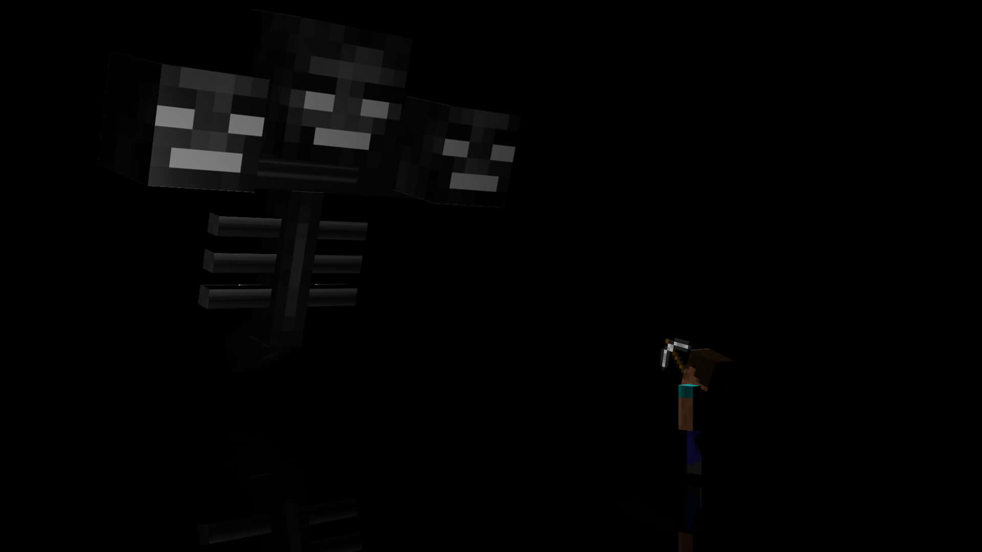 Minecraft Wither Boss 桌布 壁紙 — 一個小小的Minecraft玩家在漆黑一片的虛空中面對一個高聳的像素化Enderman。