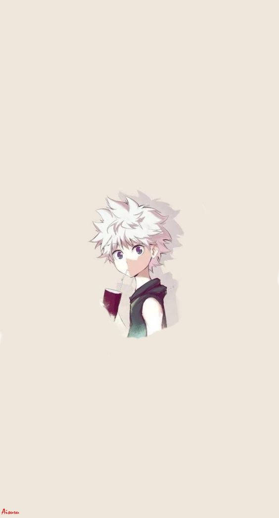 獵人 x 獵人 桌布 壁紙 — 一個小小的動漫男孩，有著尖尖的白髮和紫色眼睛，從米色牆壁的洞裡偷看。