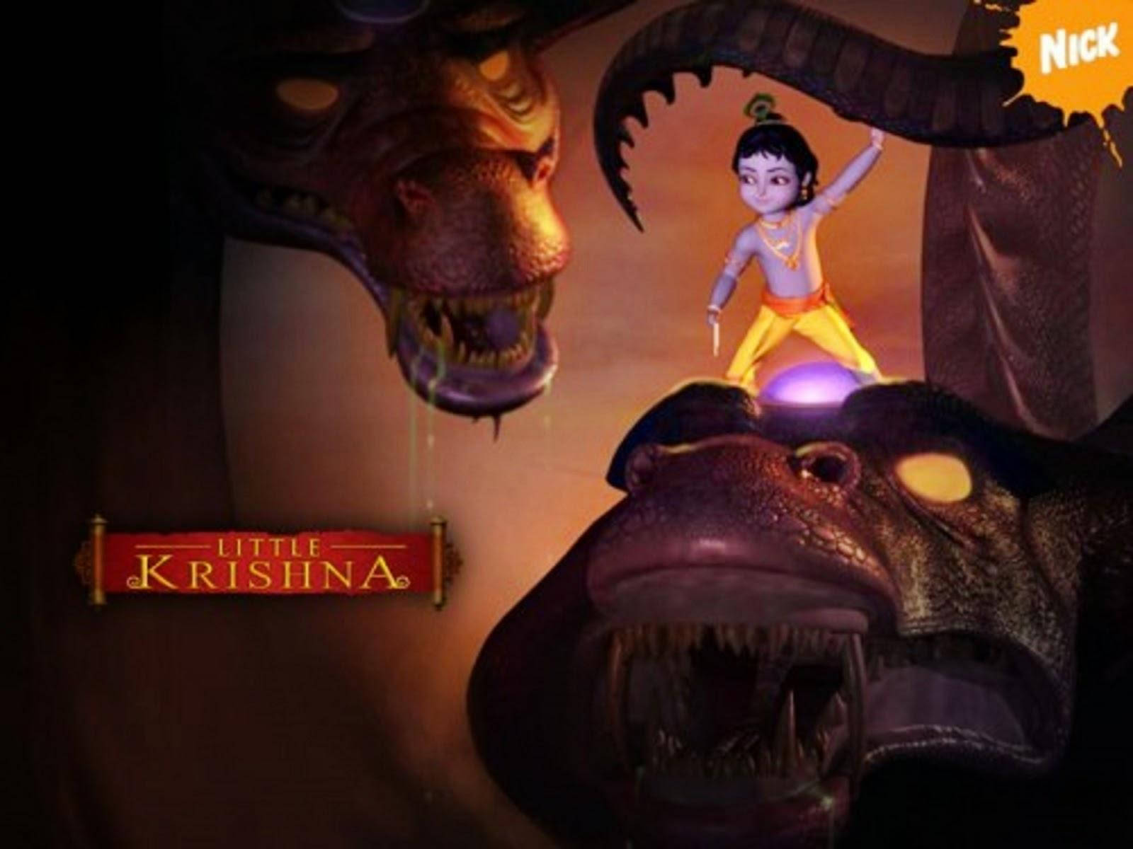 krishna god 桌布 壁紙 — 一個小小的動畫男孩勝利地站在一條巨蛇的頭頂上，而另一條蛇則在他身後威脅性地出現。