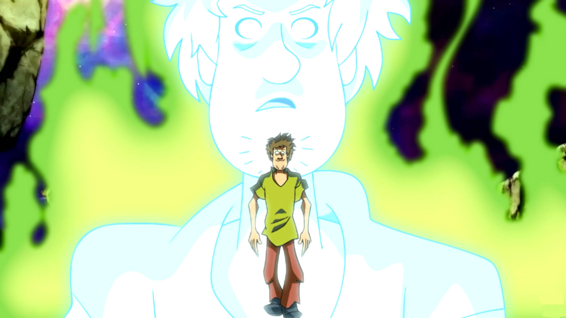 Shaggy 桌布 壁紙 — 一個小小的動畫男孩站在一個巨大的發光鬼臉前，周圍有綠色和紫色的能量旋轉。