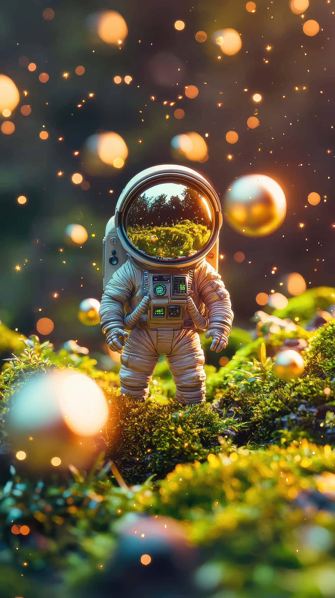 Space Astronaut in Futuristic Forest with Floating Spheres at Sunset 壁紙 — 一個小小的太空人站在充滿活力的綠色苔蘚上，被魔法森林中發光的金色球體包圍。