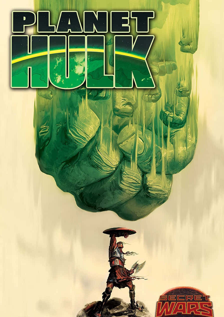 Secret Wars 桌布 壁紙 — 一個小小的戰士在漫畫書封面下，挑釁地站在一個壓碎行星的巨大綠色拳頭下面。