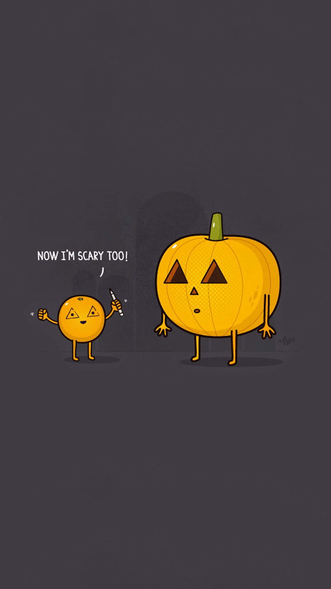 Cute Pumpkin iPhone 桌布 壁紙 — 一個小小的橙色角色在一個有雕刻眼睛和嘴巴的大南瓜旁邊自豪地拿著一支記號筆。