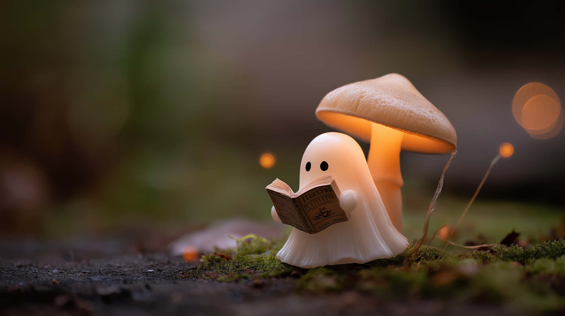 Enchanting Ghost Reading Under a Glowing Mushroom 壁紙 — 一個小小的白色鬼魂公仔在長滿苔蘚的森林裡，在發光蘑菇下面讀著一本打開的書。