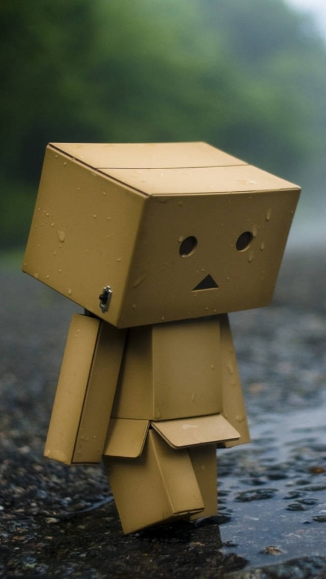 iPhone 桌布 壁紙 — 一個小小的紙板箱機器人獨自站在雨中的濕漉漉人行道上，背後有模糊的綠色植物。