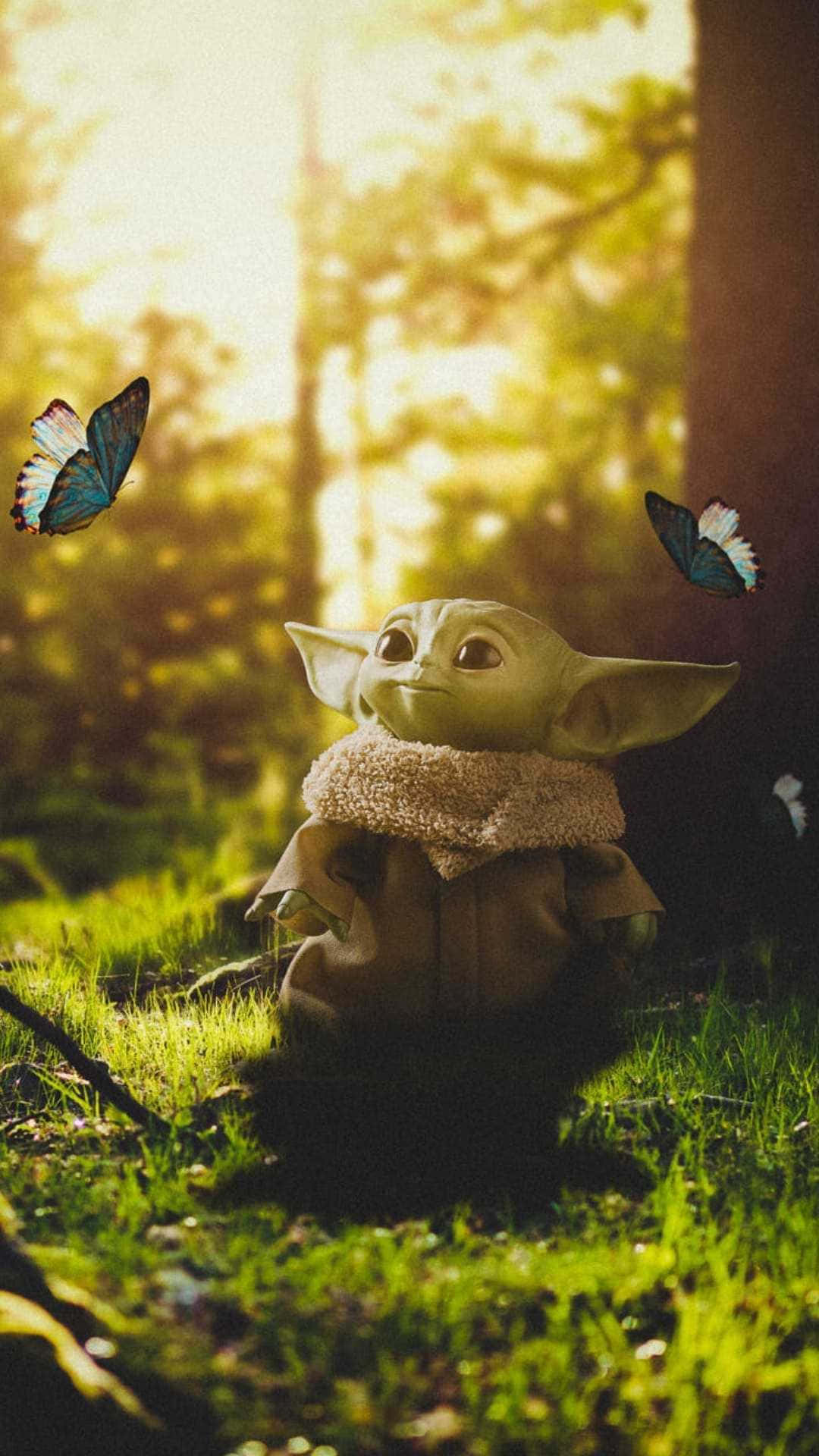 Baby Yoda Aesthetic 桌布 壁紙 — 一個小小的綠色 Baby Yoda 在陽光明媚的森林中平靜地坐著，兩隻藍色蝴蝶在附近飛舞。