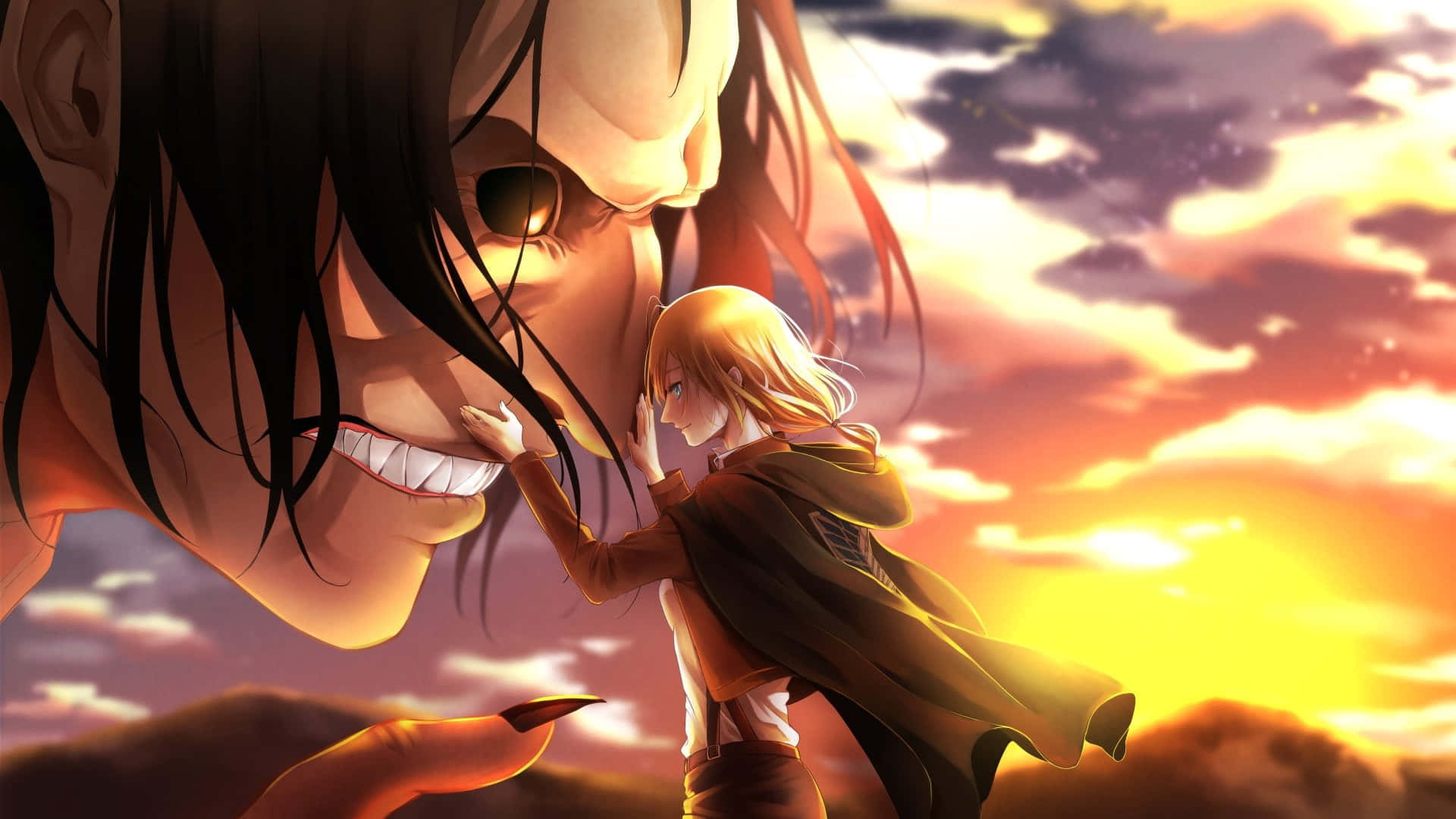 Attack On Titan Season 2 桌布 壁紙 — 一個小小的金髮動漫女孩輕輕觸摸一個巨大威脅性的巨人的臉，背景是熾熱的日落天空。