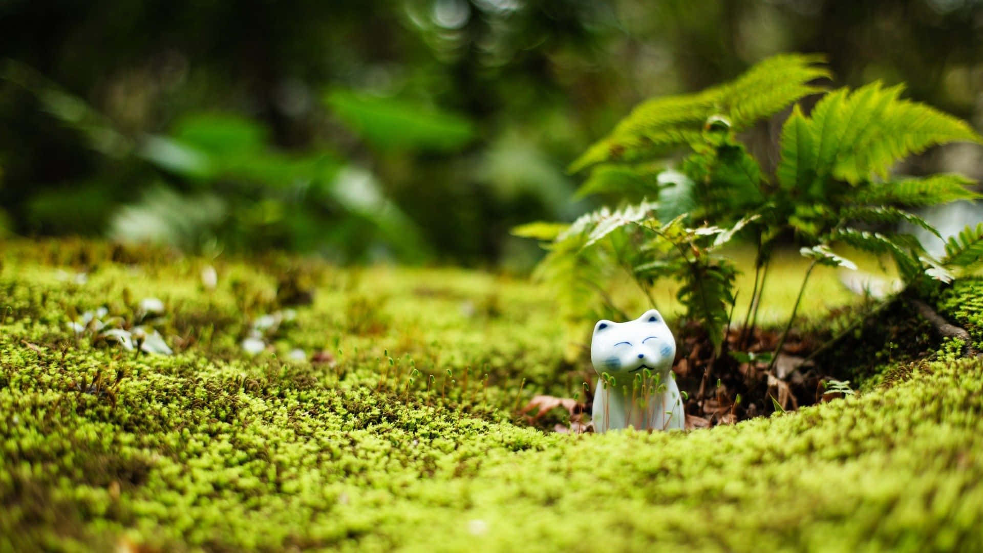 Moss 桌布 壁紙 — 一個小巧的白色貓咪雕像在寧靜的森林中，躺在茂密蕨類植物間充滿活力的綠色苔蘚上，安詳地休息。