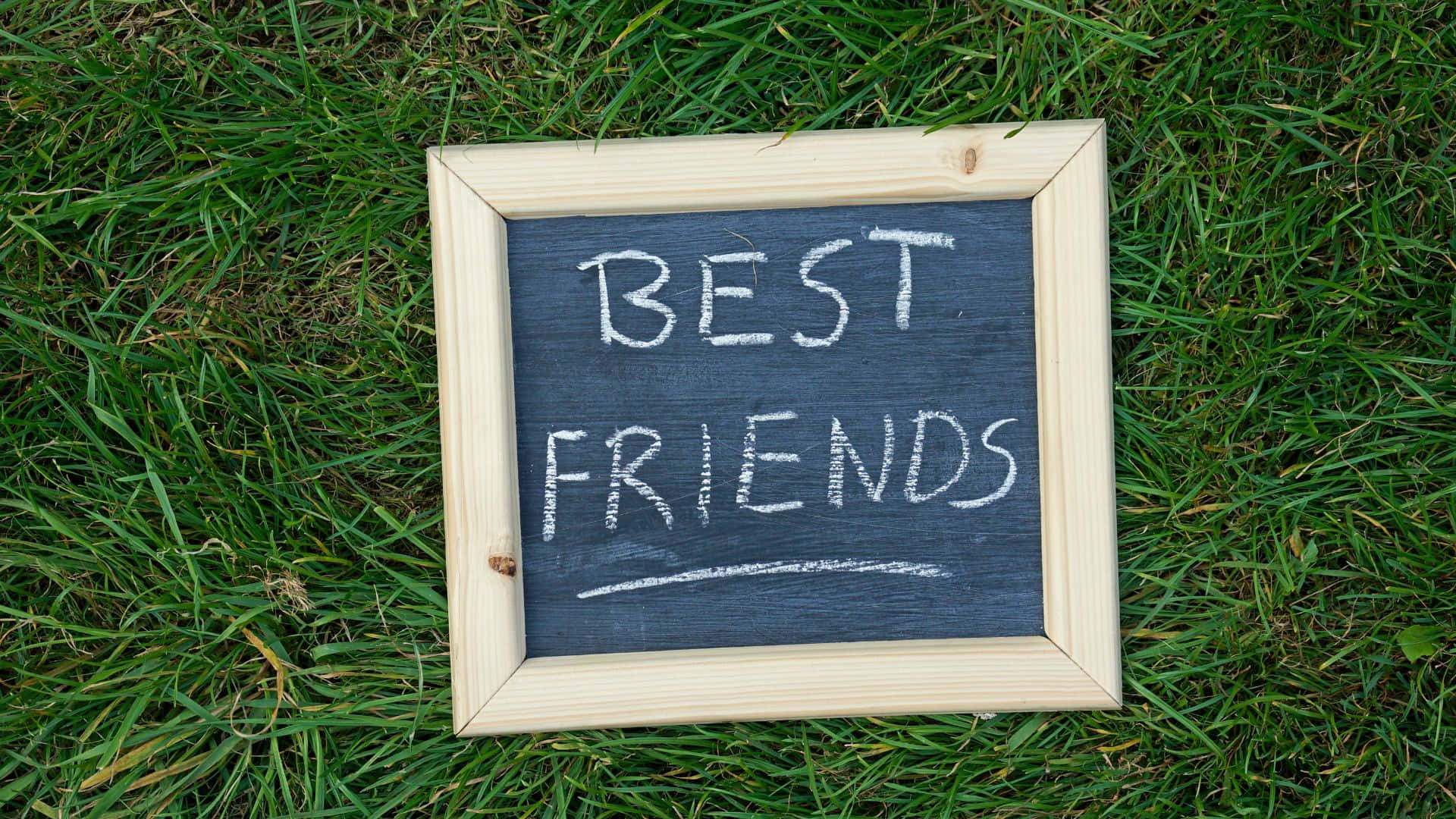 摯友 桌布 壁紙 — 一個小木框黑板，上面用白色粉筆寫著「BEST FRIENDS」，放在鮮綠色的草地上。