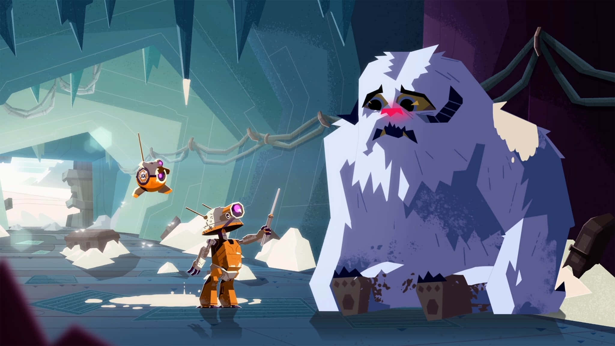 Wampa 桌布 壁紙 — 一個小機器人勇敢地面對一隻巨大的冰霜雪人，身處一個洞穴般的冰凍巢穴，周圍有發光的藍色冰層結構。