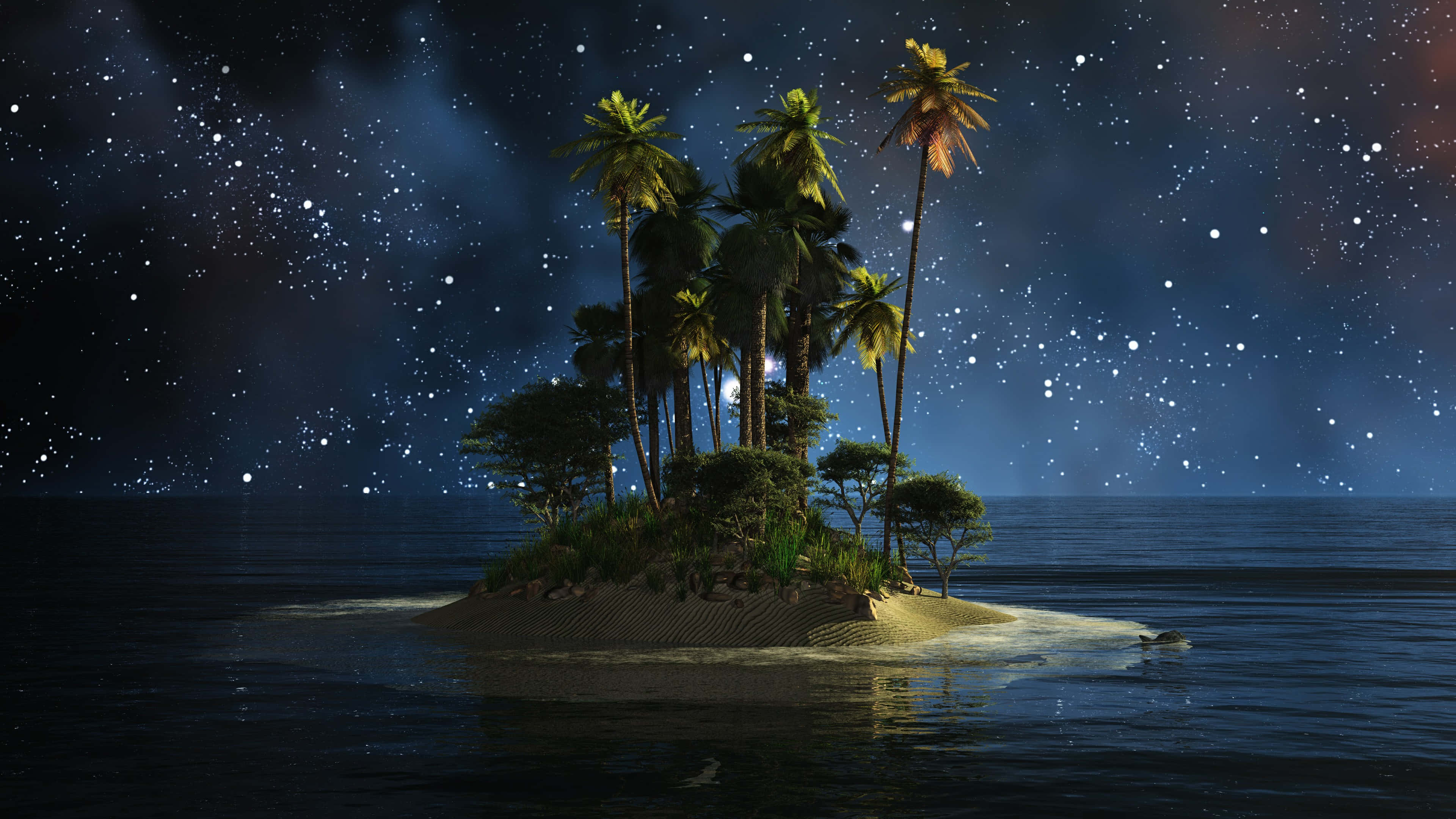 奇幻島 桌布 壁紙 — 一個小熱帶島嶼上棕櫚樹在星空下閃耀，星空倒映在平靜的海面上。