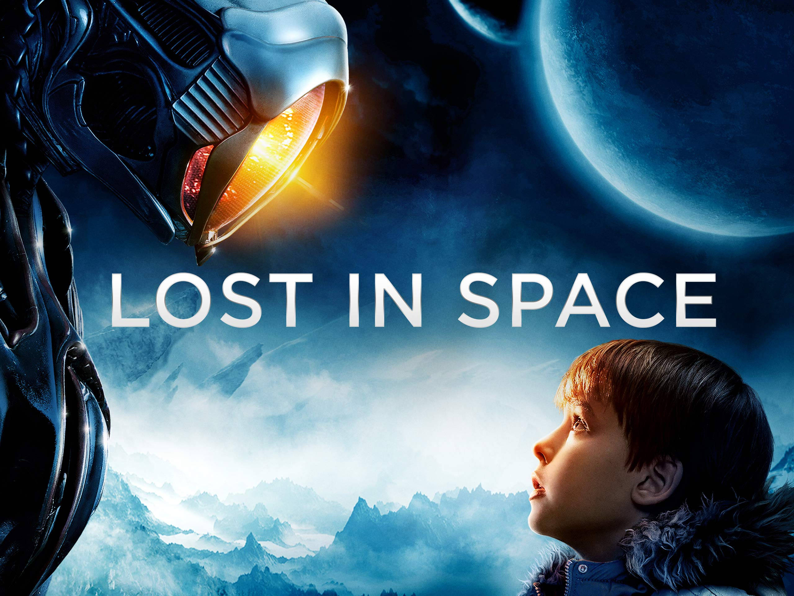 lost 桌布 壁紙 — 一個小男孩仰望發光的外星機器人，背景是行星和雪山的宇宙場景。