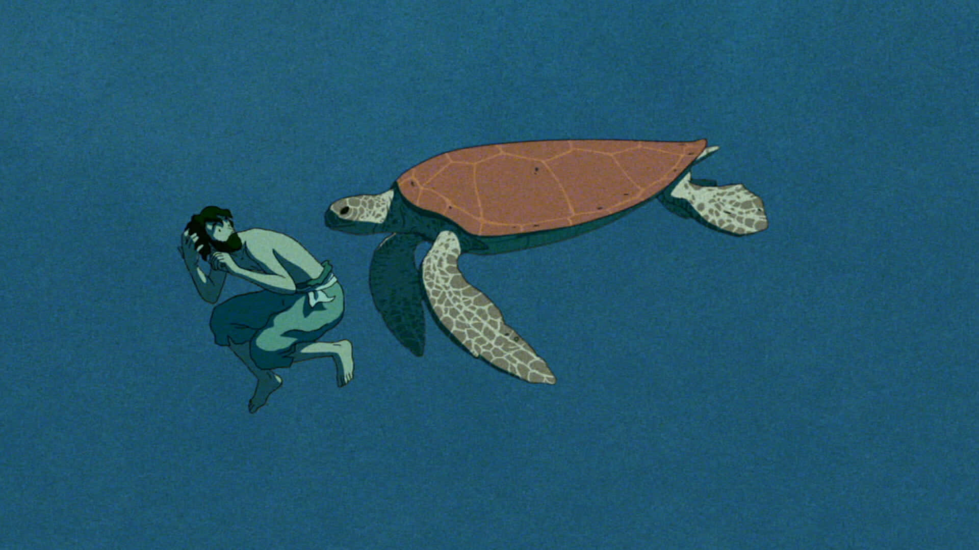 Cartoon Turtle 桌布 壁紙 — 一個小男孩在平靜光線下，於深藍色海洋中與一隻大海龜並肩游泳。