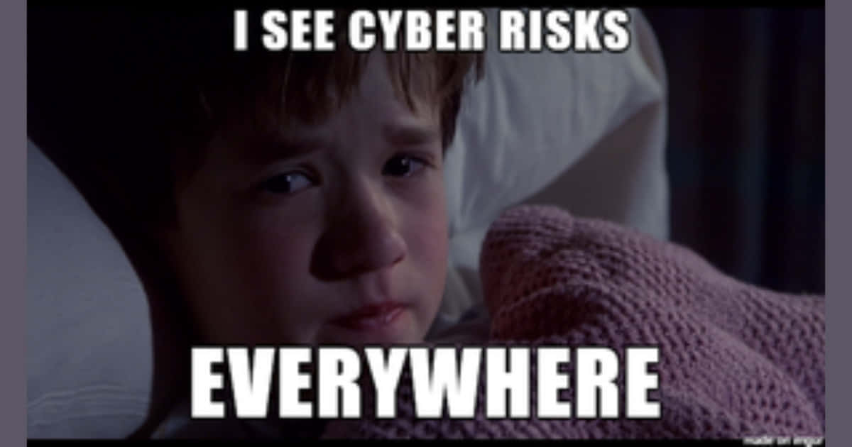 Cybersecurity Memes 桌布 壁紙 — 一個小男孩在床上憂慮地看著鏡頭，文字疊加顯示「我到處都看到網路風險」。