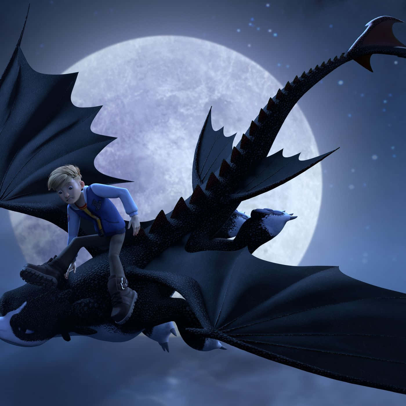 Dragons 桌布 壁紙 — 一個小男孩在星空夜空中騎著一條黑龍，下方是一輪巨大的月亮。
