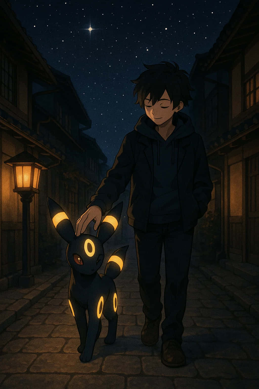 Umbreon Pokemon 4K HD Wallpaper WEBP MOBILE Backgrounds 壁紙 — 一個小男孩在溫暖的燈籠光芒下，帶著發光的伊布走在星光閃爍的鵝卵石街道上。