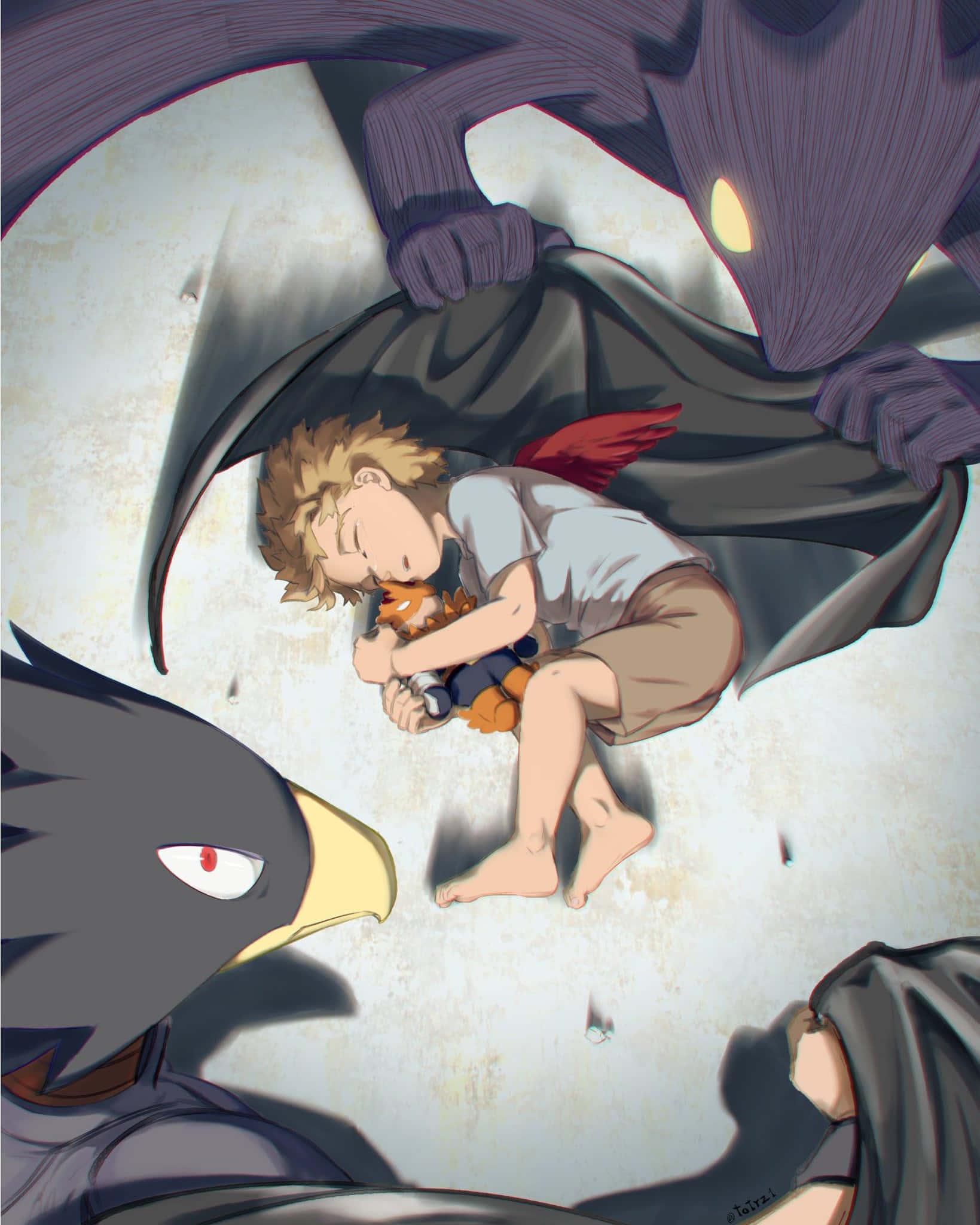 Fumikage Tokoyami 桌布 壁紙 — 一個小男孩平靜地睡著，緊抱著一個毛絨玩具，而陰影般的怪物形象在他上方若隱若現，構成一個戲劇性的動漫場景。
