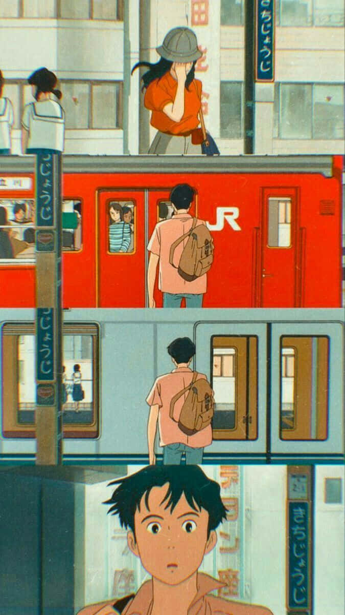 Studio Ghibli Ocean Waves 桌布 壁紙 — 一個小男孩抬頭仰望，一列紅色火車駛過，他的臉龐映照在車窗上，而一個穿著橙色襯衫的女孩站在月台上他的上方。