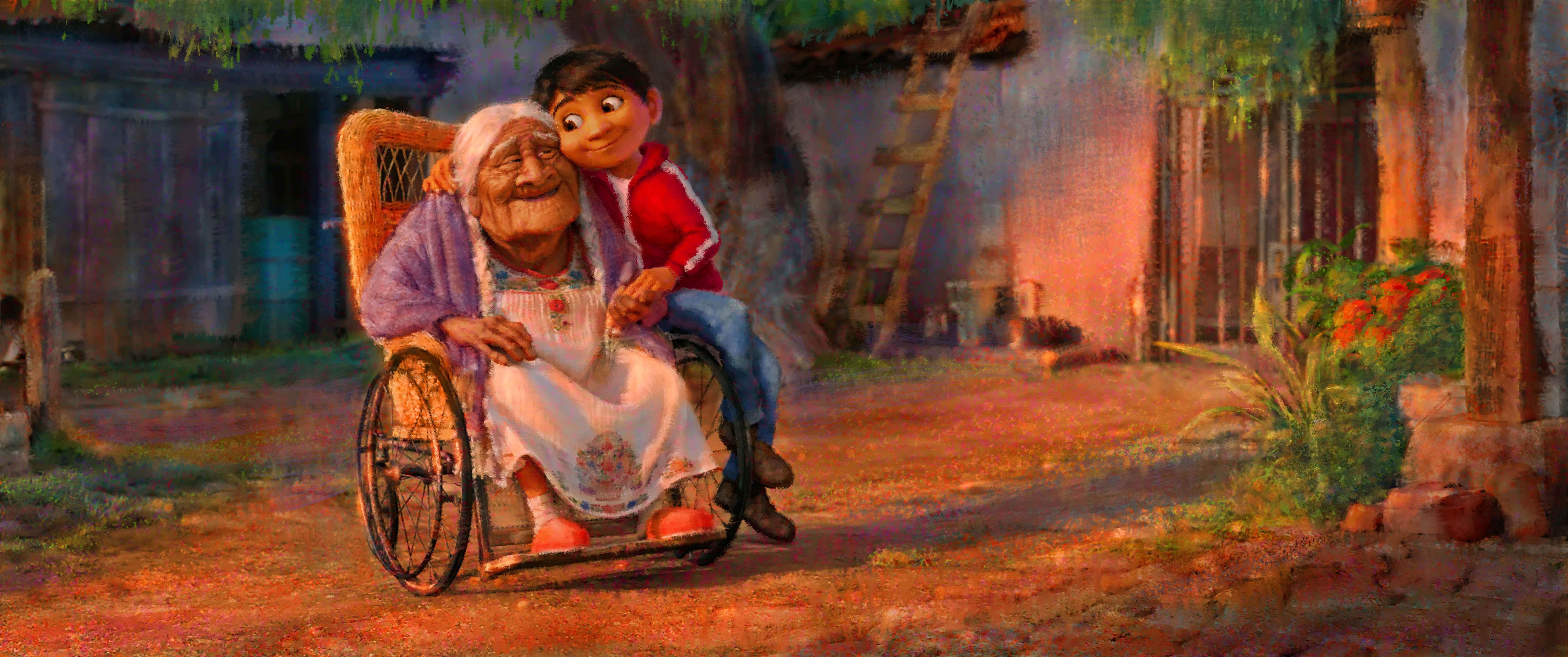 Coco Disney 桌布 壁紙 — 一個小男孩擁抱著坐在輪椅上的祖母，他們一起坐在日落時分溫暖明亮的庭院裡。