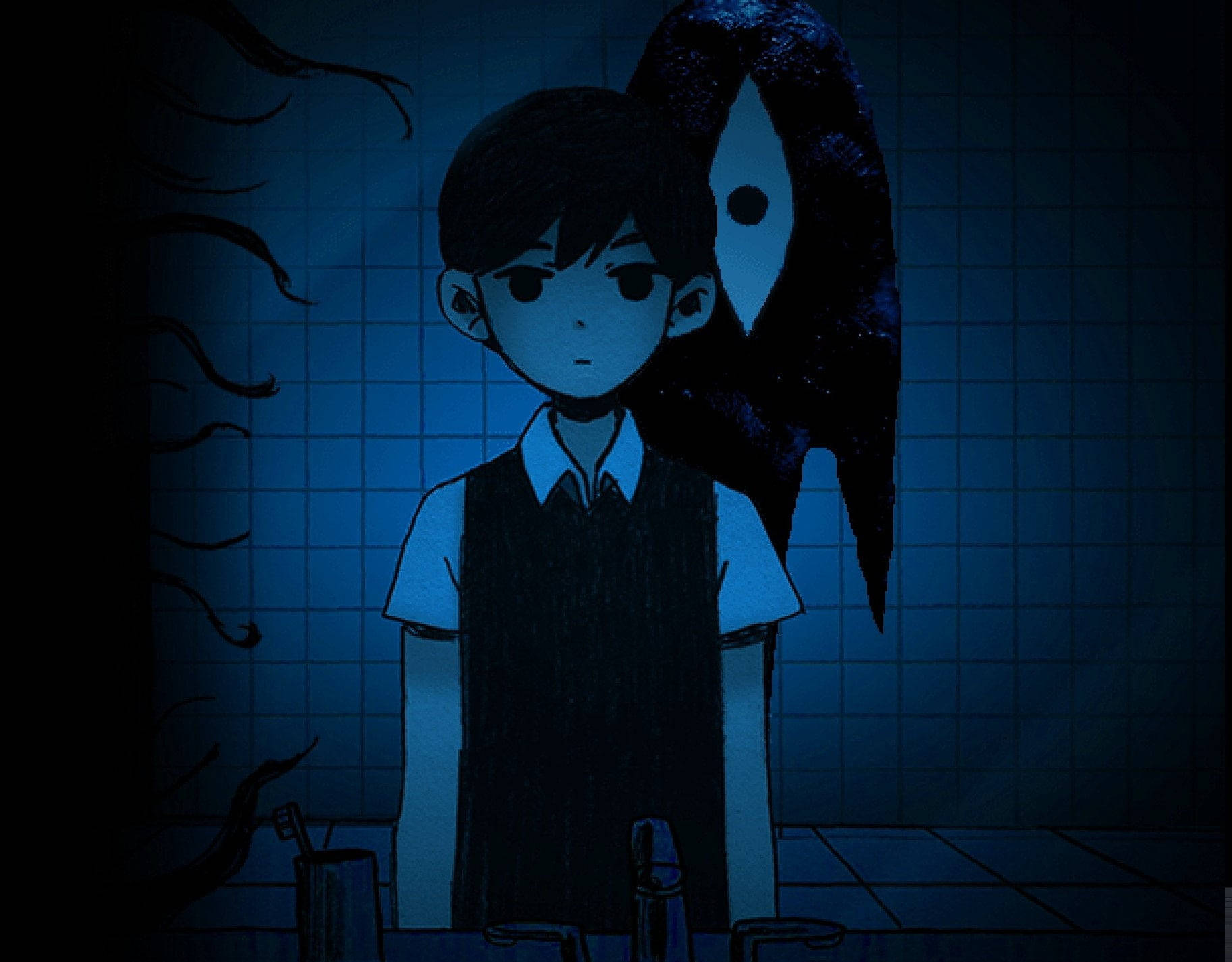 一個在浴室裡害怕的男孩，身後有一個幽靈般的身影。 — Omori GIF 壁紙