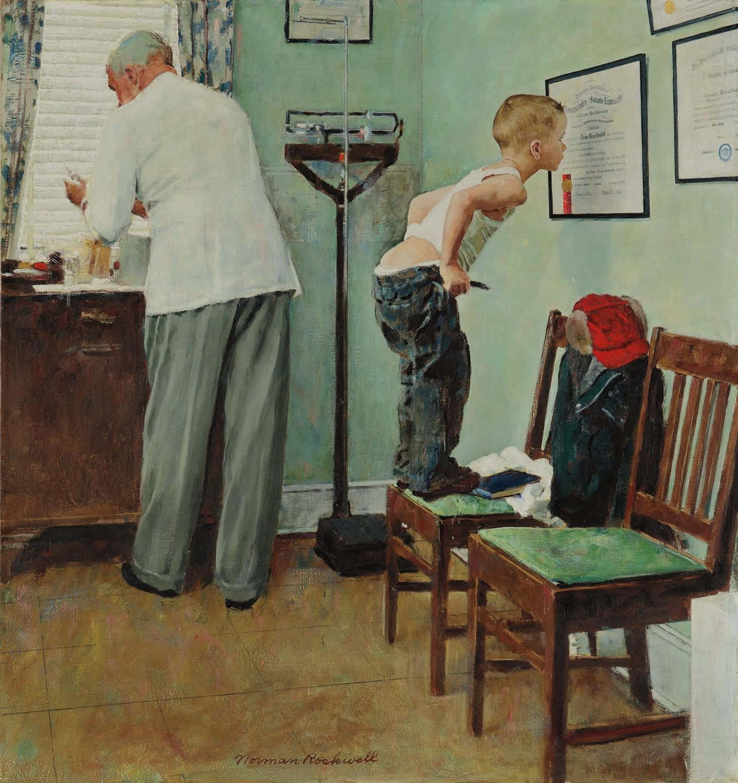 Norman Rockwell 桌布 壁紙 — 一個小男孩站在椅子上，由醫生在一個牆上掛著裱框證書的復古診所裡稱重。