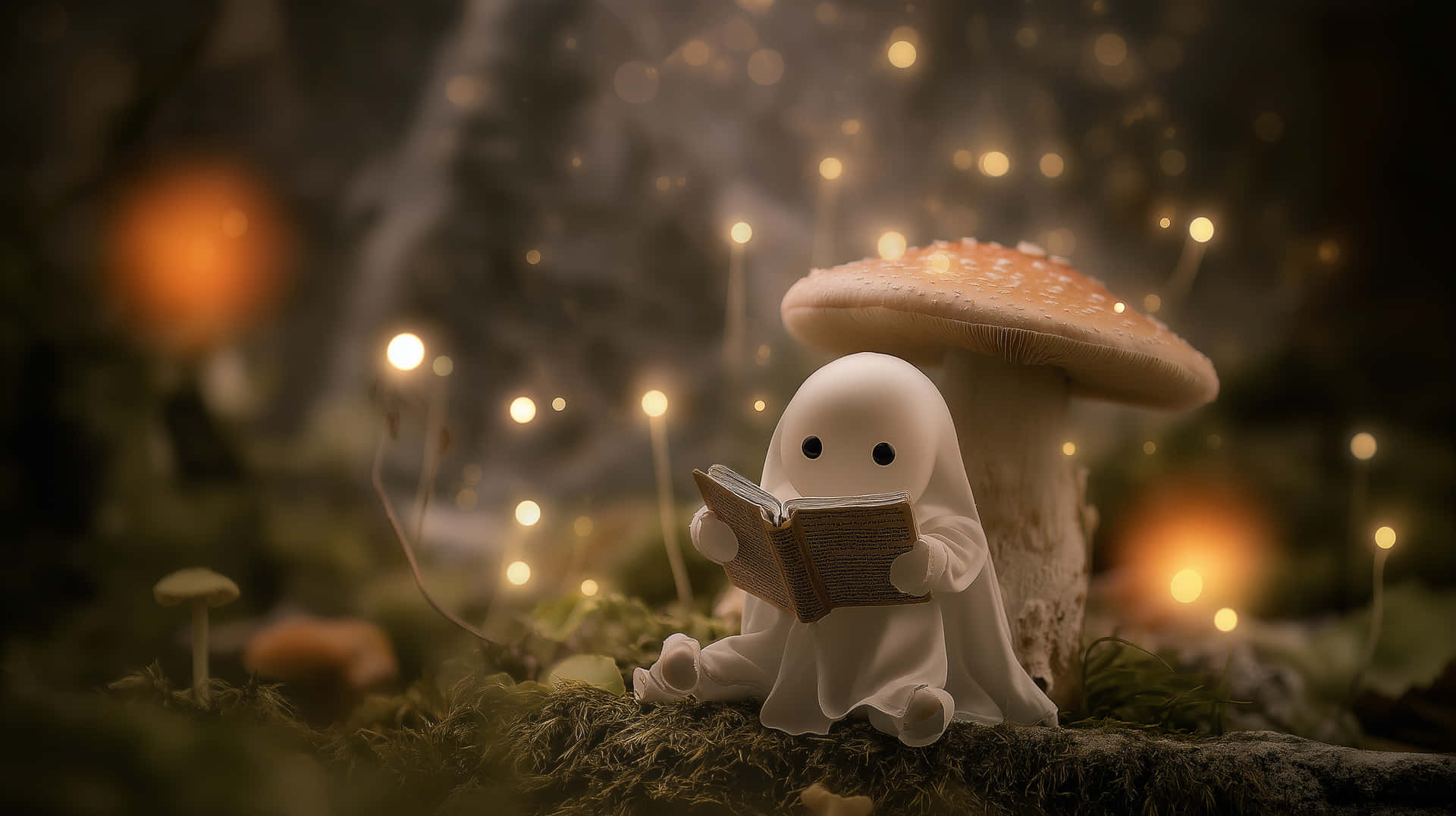 Cozy Ghost Reading Book Under Mushroom in Forest 壁紙 — 一個小白鬼盤腿坐在發光蘑菇下，在迷霧森林中閱讀一本書，周圍有漂浮的光芒。