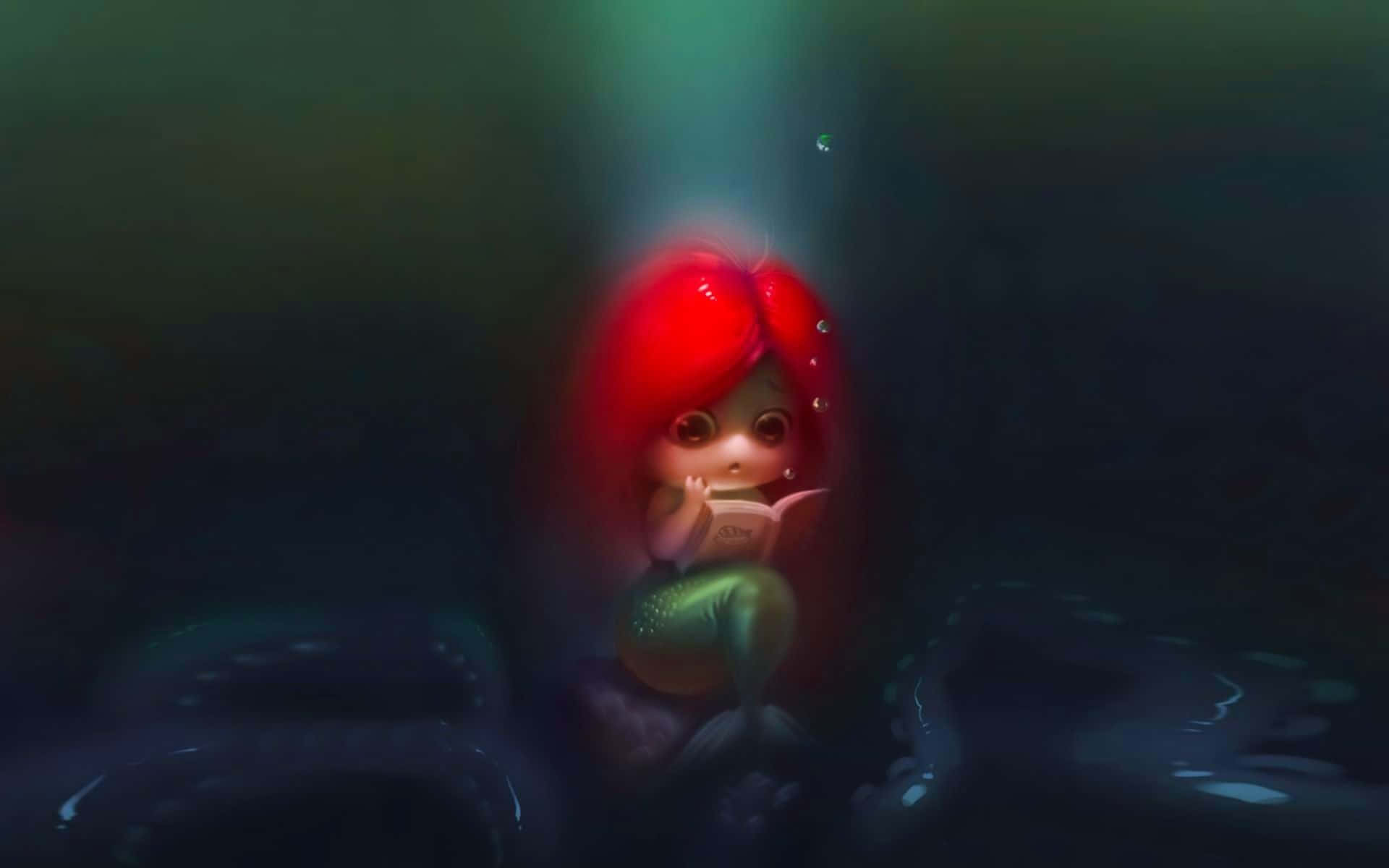 美人魚 桌布 壁紙 — 一個小紅髮人魚，有綠色尾巴，在水底坐在光線下看書。