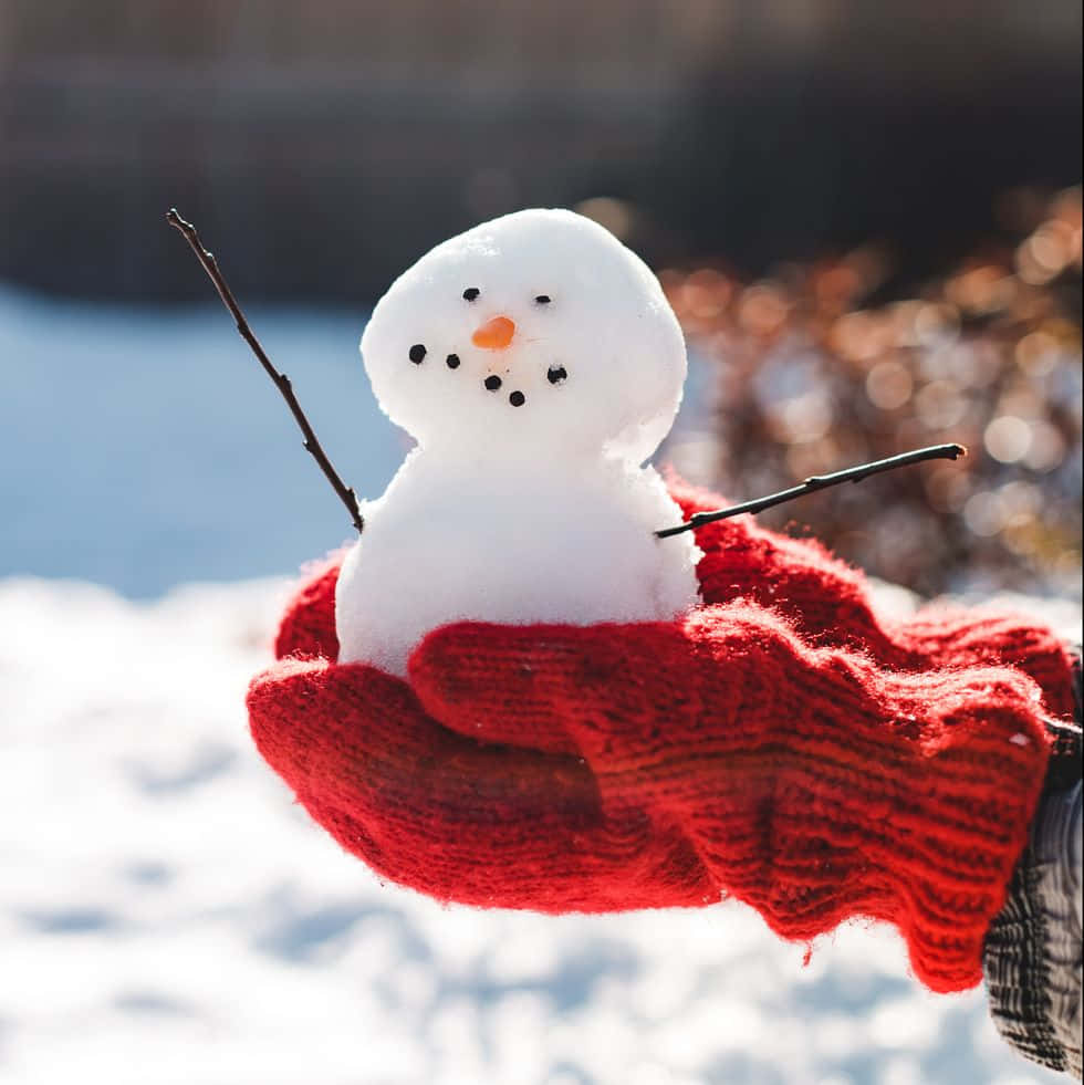 Winter 桌布 壁紙 — 一個小雪人，有樹枝手臂和煤炭眼睛，輕輕地躺在一雙鮮紅色的編織手套裡，背景是白雪皚皚的冬天。