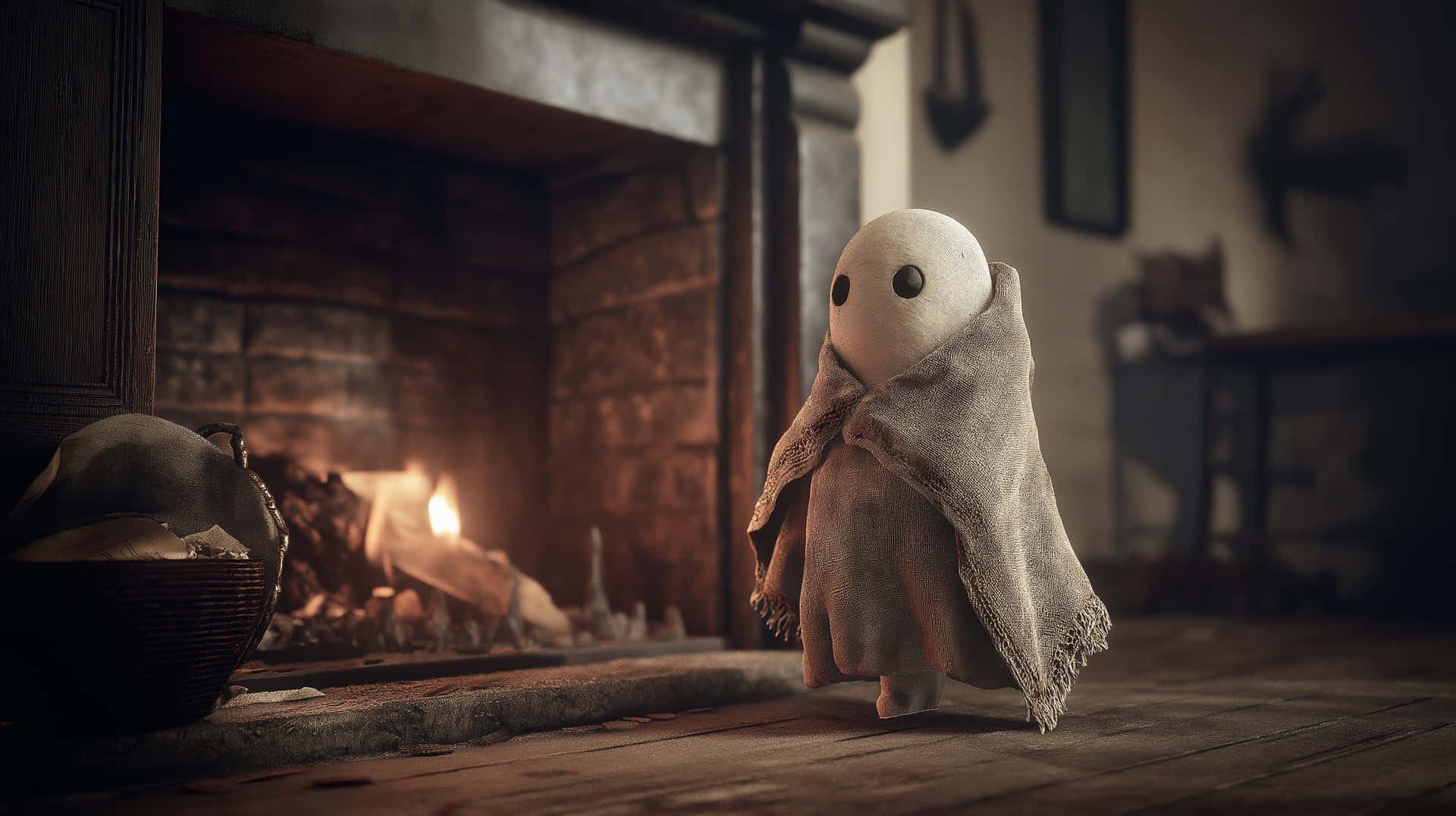 Small Ghost by Fireplace with Blanket, Cozy Scene 壁紙 — 一個小黑鈕扣眼睛的布鬼站在昏暗的房間裡，旁邊是劈啪作響的壁爐。