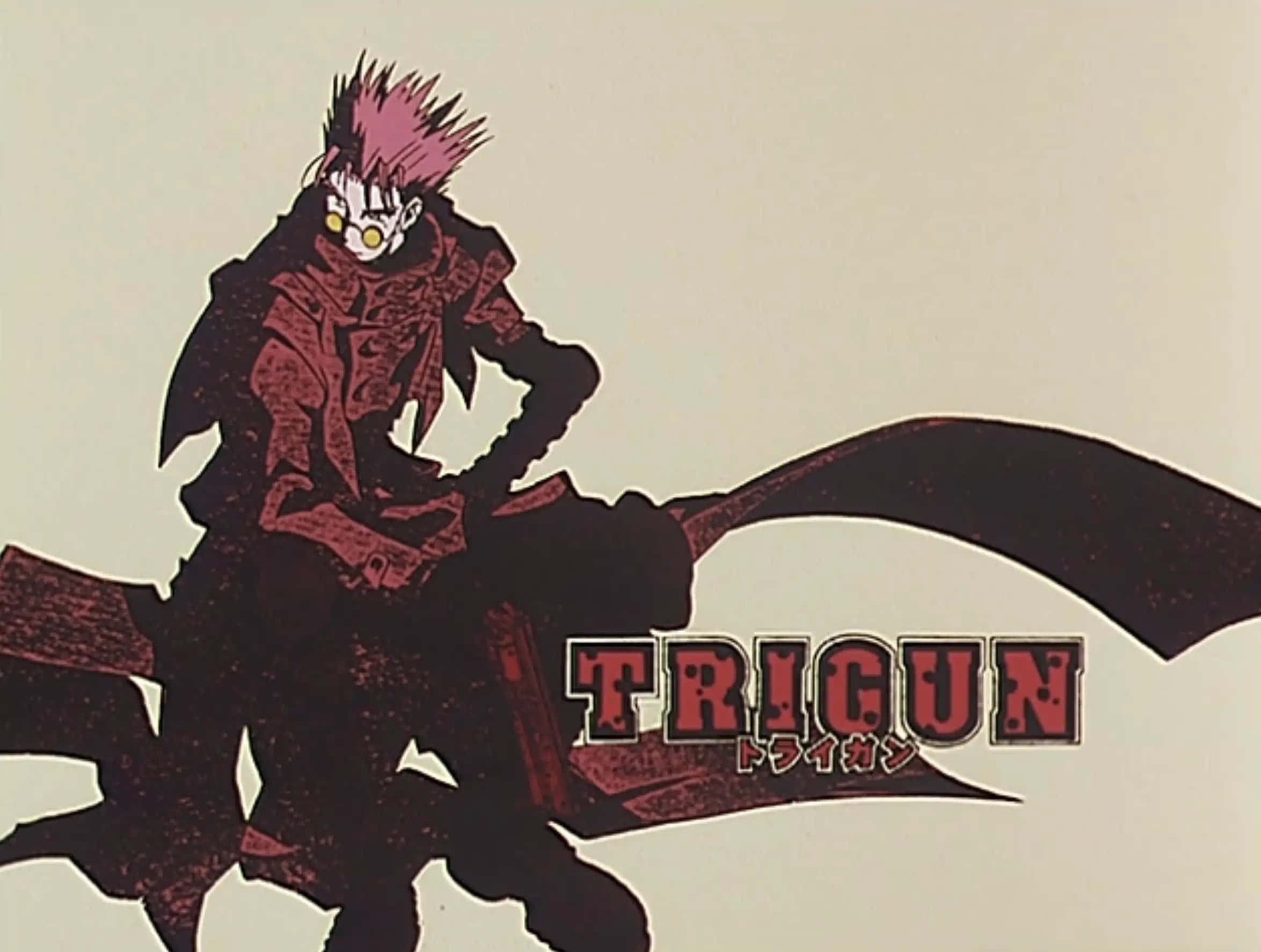Trigun 桌布 壁紙 — 一個尖刺粉紅色頭髮的動畫槍手穿著深色外套，在米色背景上拿著一把巨大的劍，標題為Trigun。