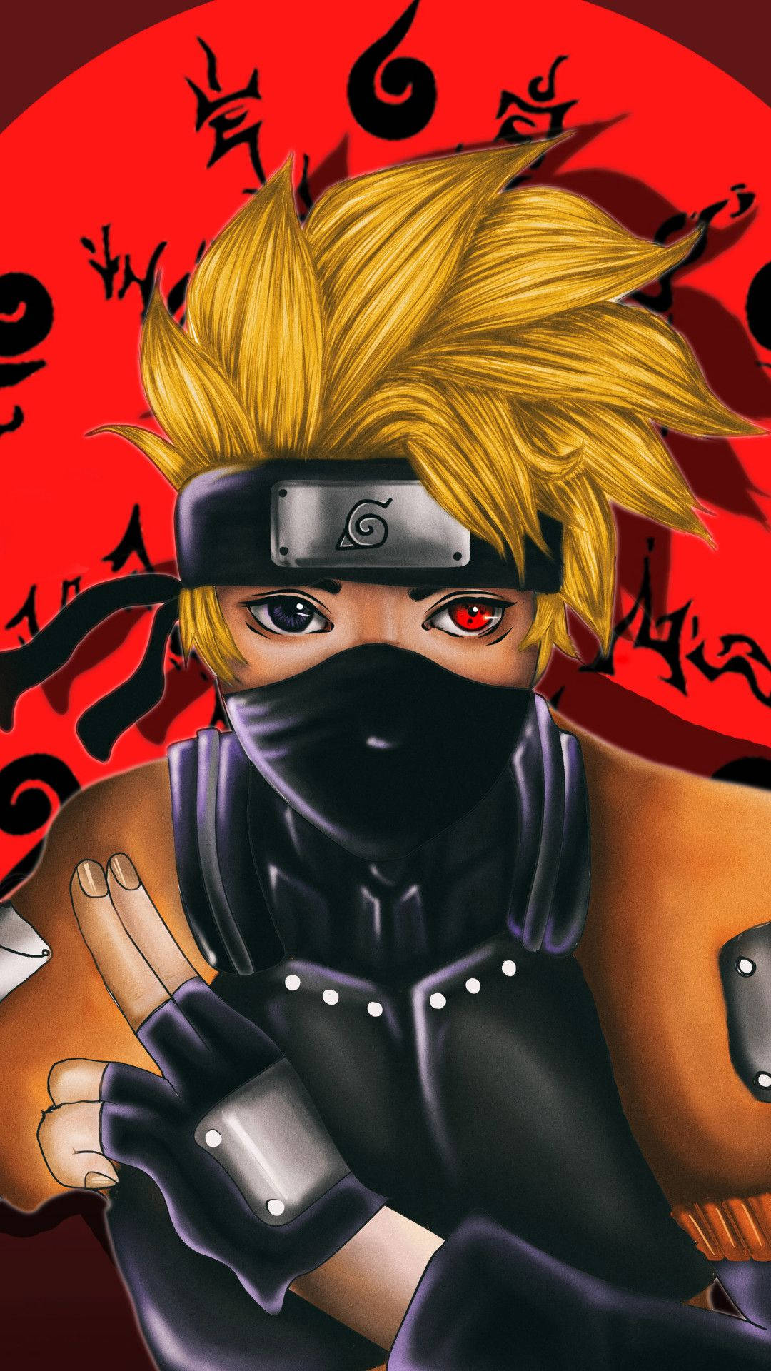 Naruto Gucci 桌布 壁紙 — 一個尖刺金髮、紅眼、戴黑色面具的動漫忍者，在帶有黑色符號的紅色背景前擺姿勢。
