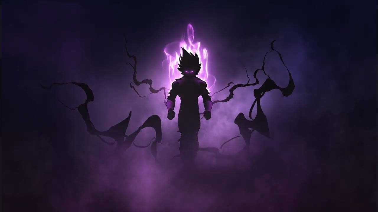 Dark Vegeta 桌布 壁紙 — 一個尖刺頭髮的動漫戰士的黑暗剪影，站在旋轉的紫色能量和陰影觸手之間，背景是煙霧繚繞的夜晚。