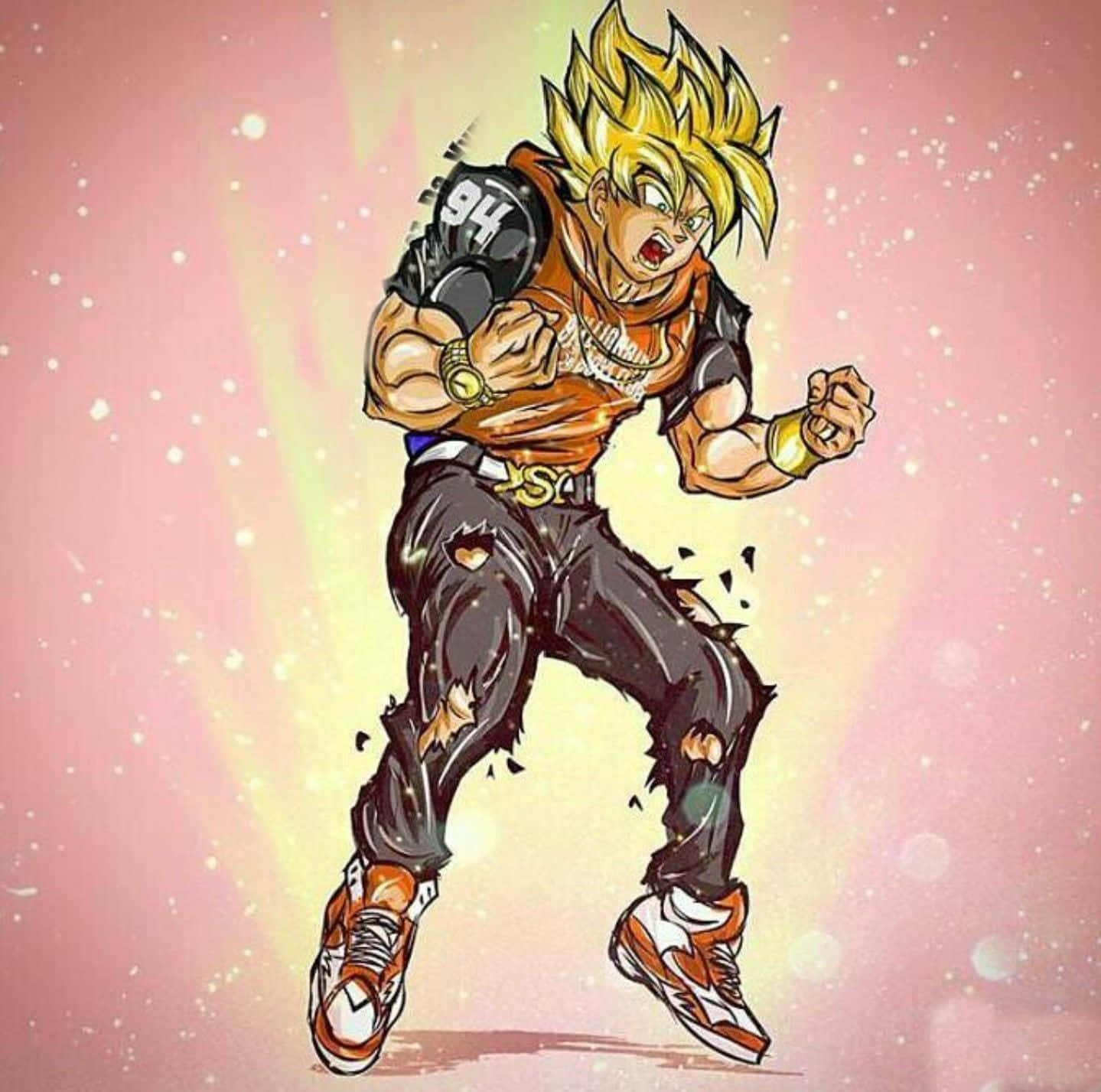桌布 壁紙 — 一個尖刺頭髮的動漫戰士穿著破褲和運動鞋，握緊拳頭對著發光的粉紅色星空背景咆哮。