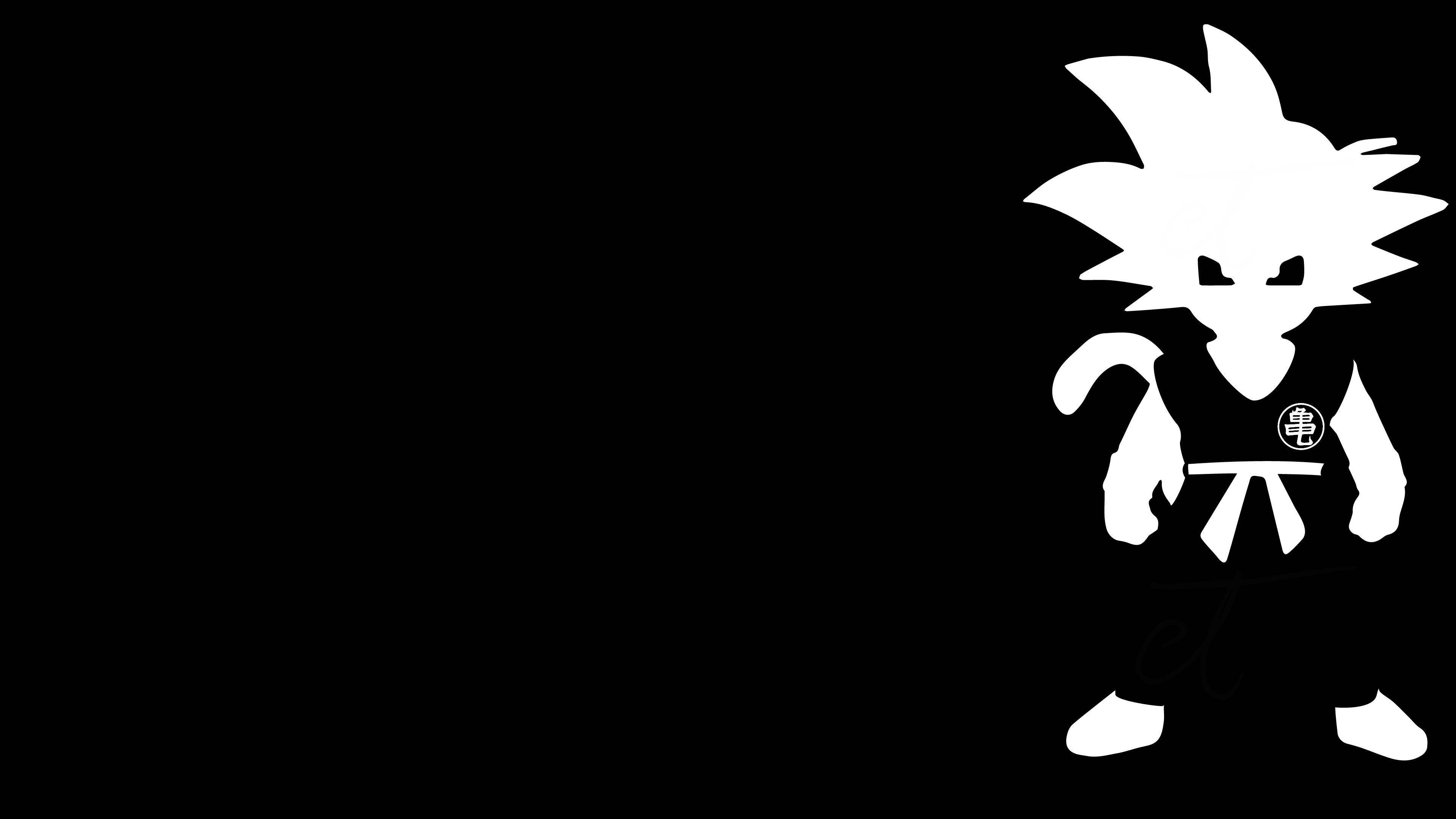 Goku Black And White 桌布 壁紙 — 一個尖刺頭髮的動漫角色在純黑色背景上擺出戰鬥姿勢的鮮明白色剪影。